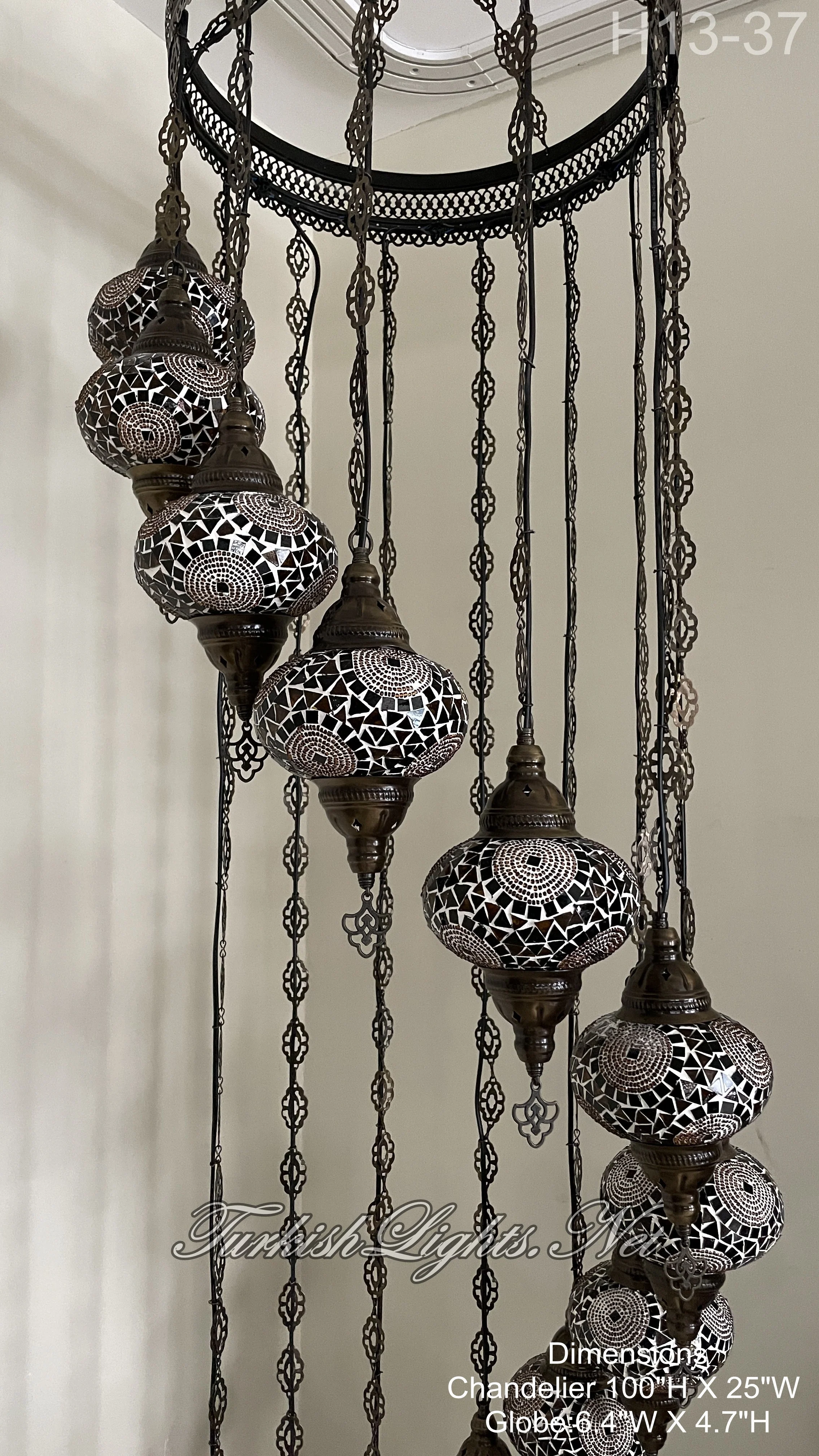 13 Ball Turkish Mosaic Chandelier - Handmade Water Drop Design with Large Globes, ID: H13L-37 - Image 3