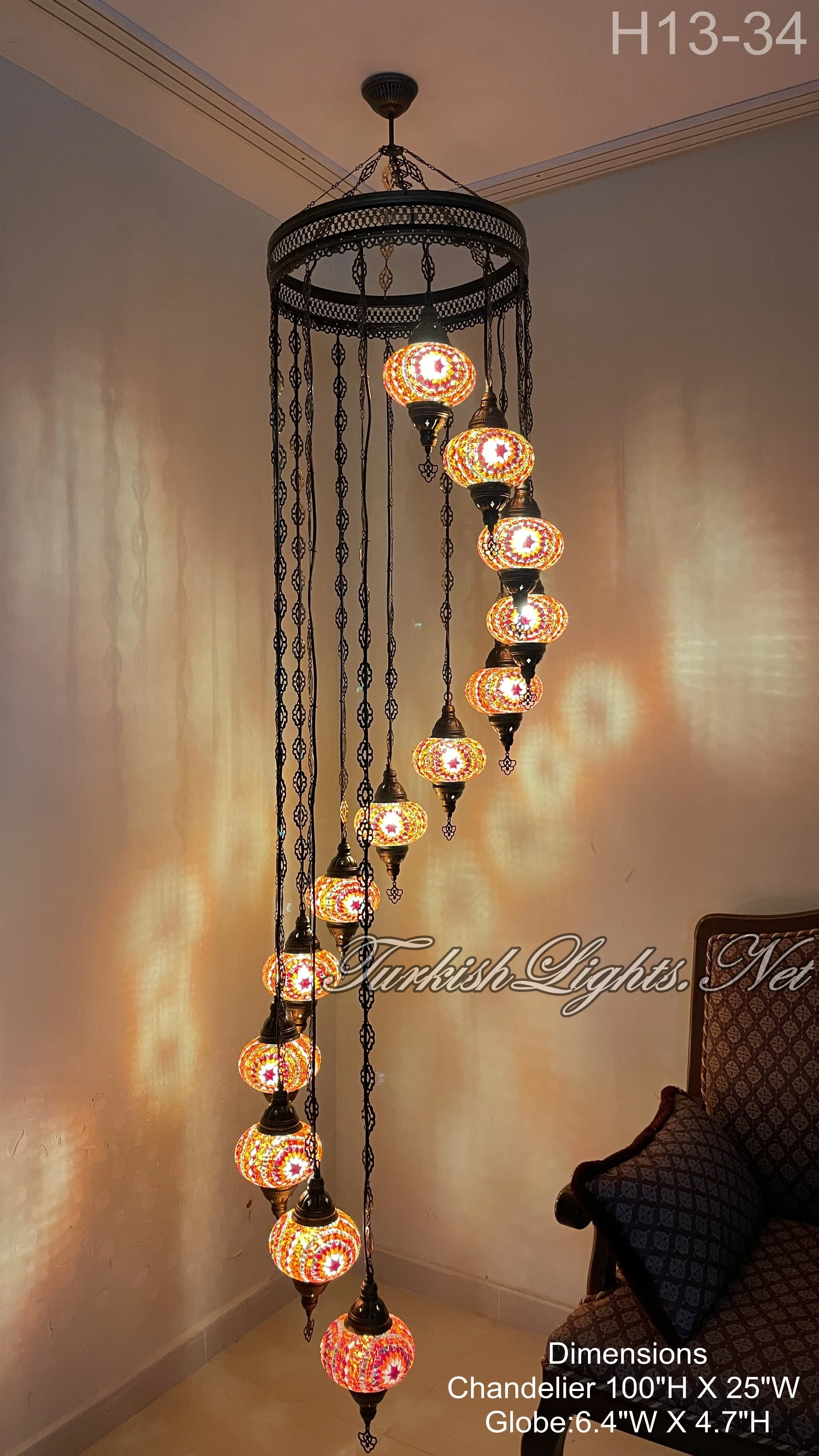 13 Ball Turkish Mosaic Chandelier - Handmade Water Drop Design with Large Globes, ID: H13L - Image 6