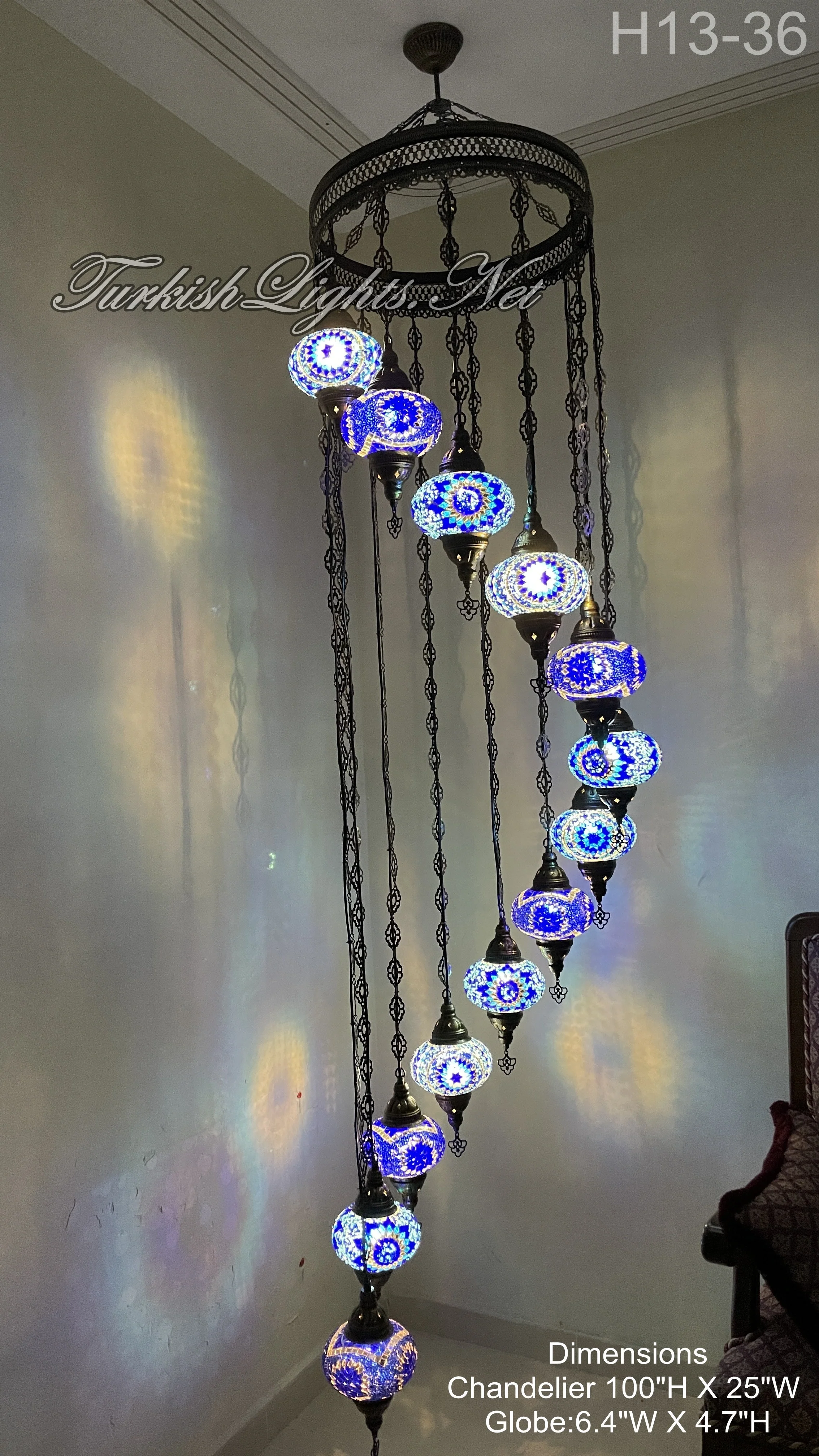 13 Ball Turkish Mosaic Chandelier - Handmade Water Drop Design with Large Globes, ID: H13L - Image 8