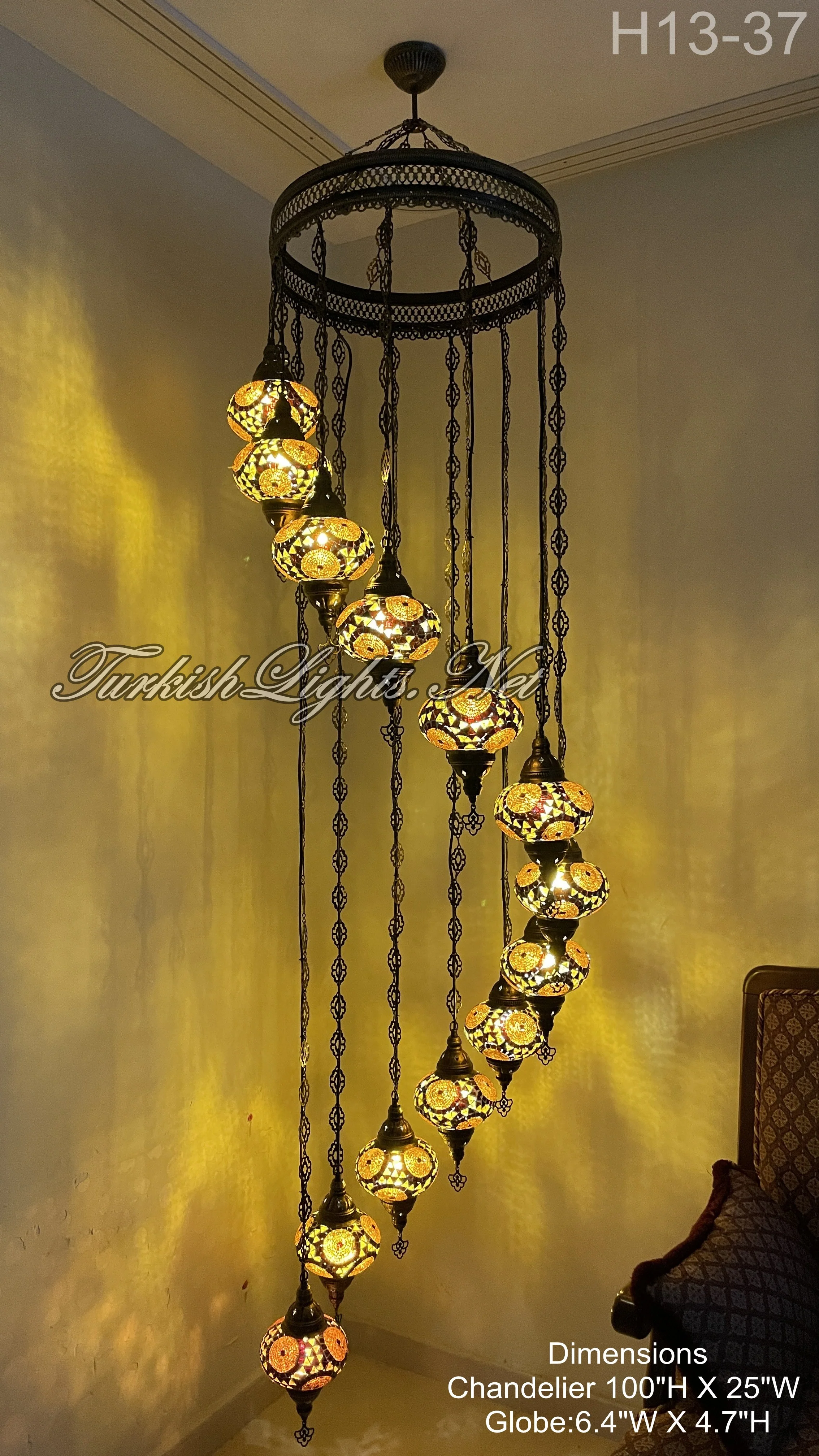 13 Ball Turkish Mosaic Chandelier - Handmade Water Drop Design with Large Globes, ID: H13L - Image 9