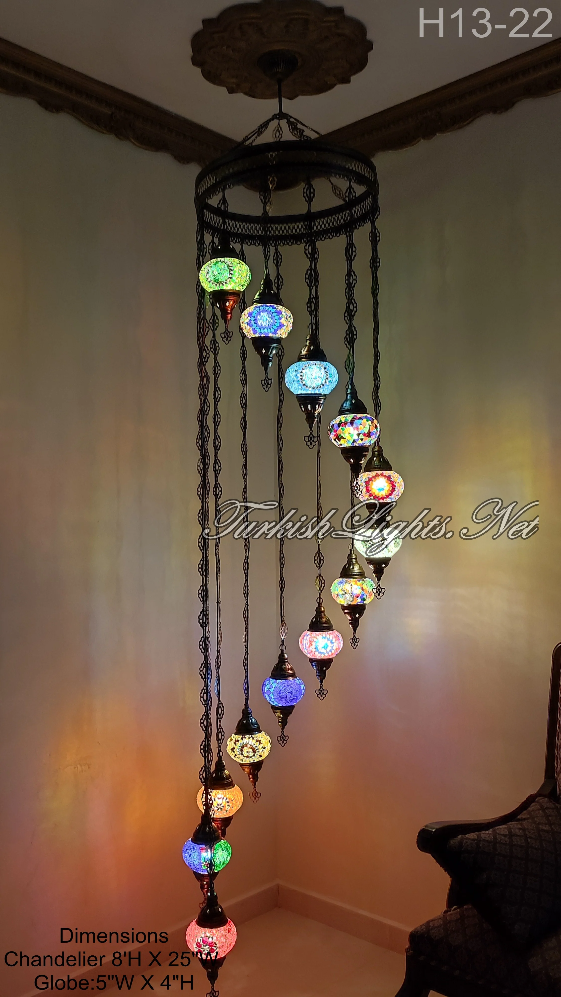 13 Ball Turkish Mosaic Chandelier - Handmade Water Drop Design with Medium Globes, ID: H13M