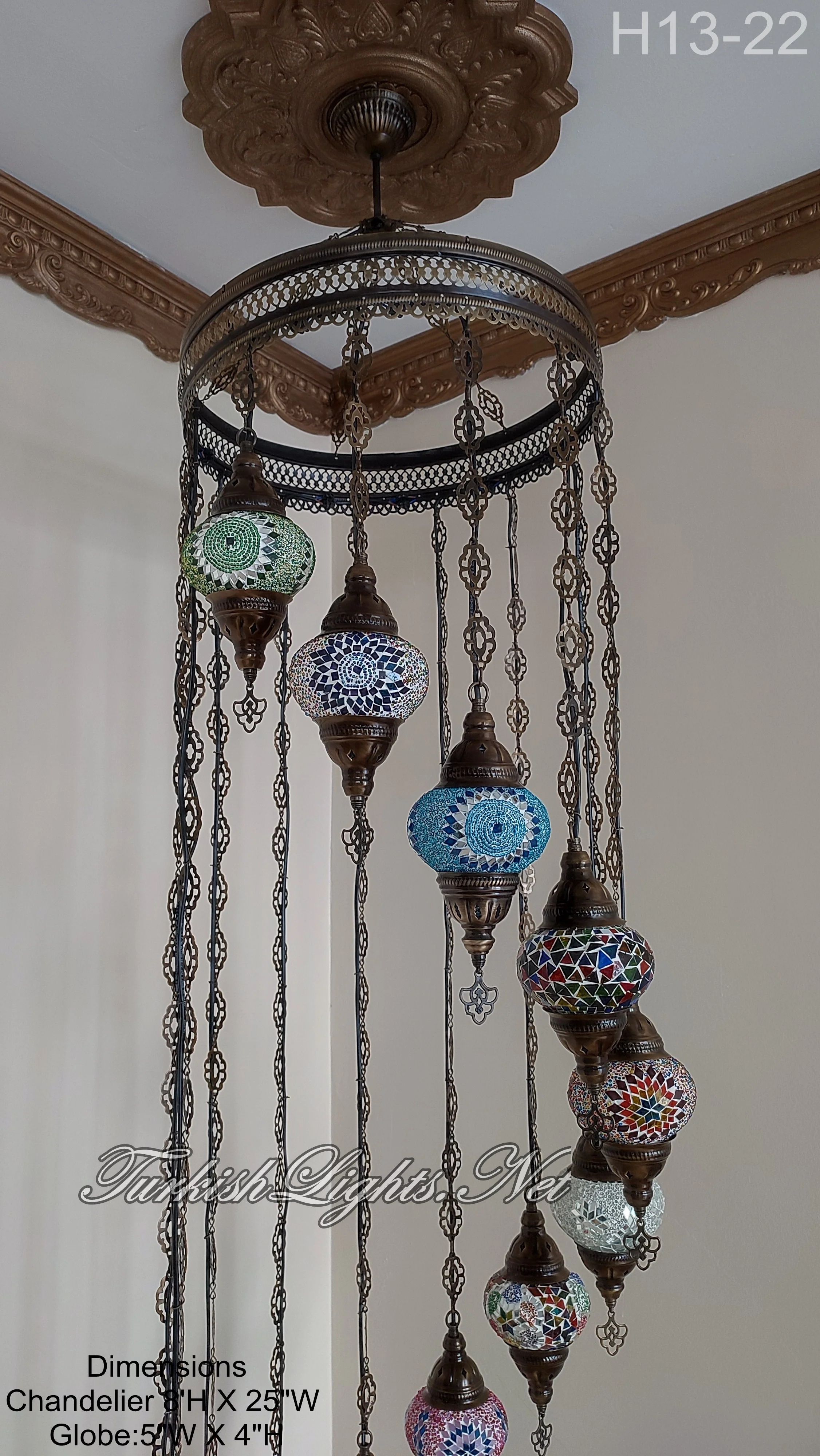 13 Ball Turkish Mosaic Chandelier - Handmade Water Drop Design with Medium Globes, ID: H13M-22 - Image 3