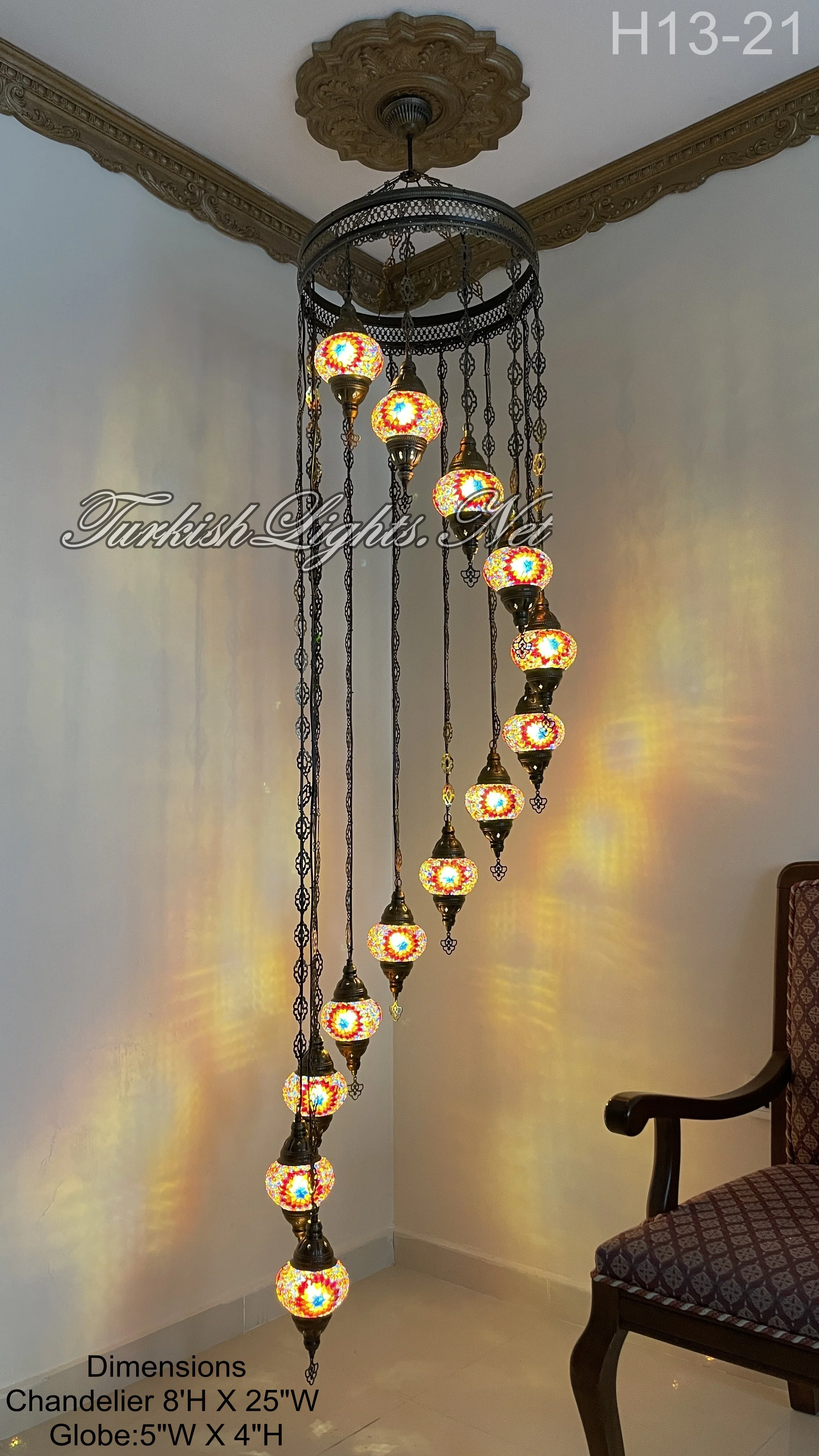 13 Ball Turkish Mosaic Chandelier - Handmade Water Drop Design with Medium Globes, ID: H13M - Image 3