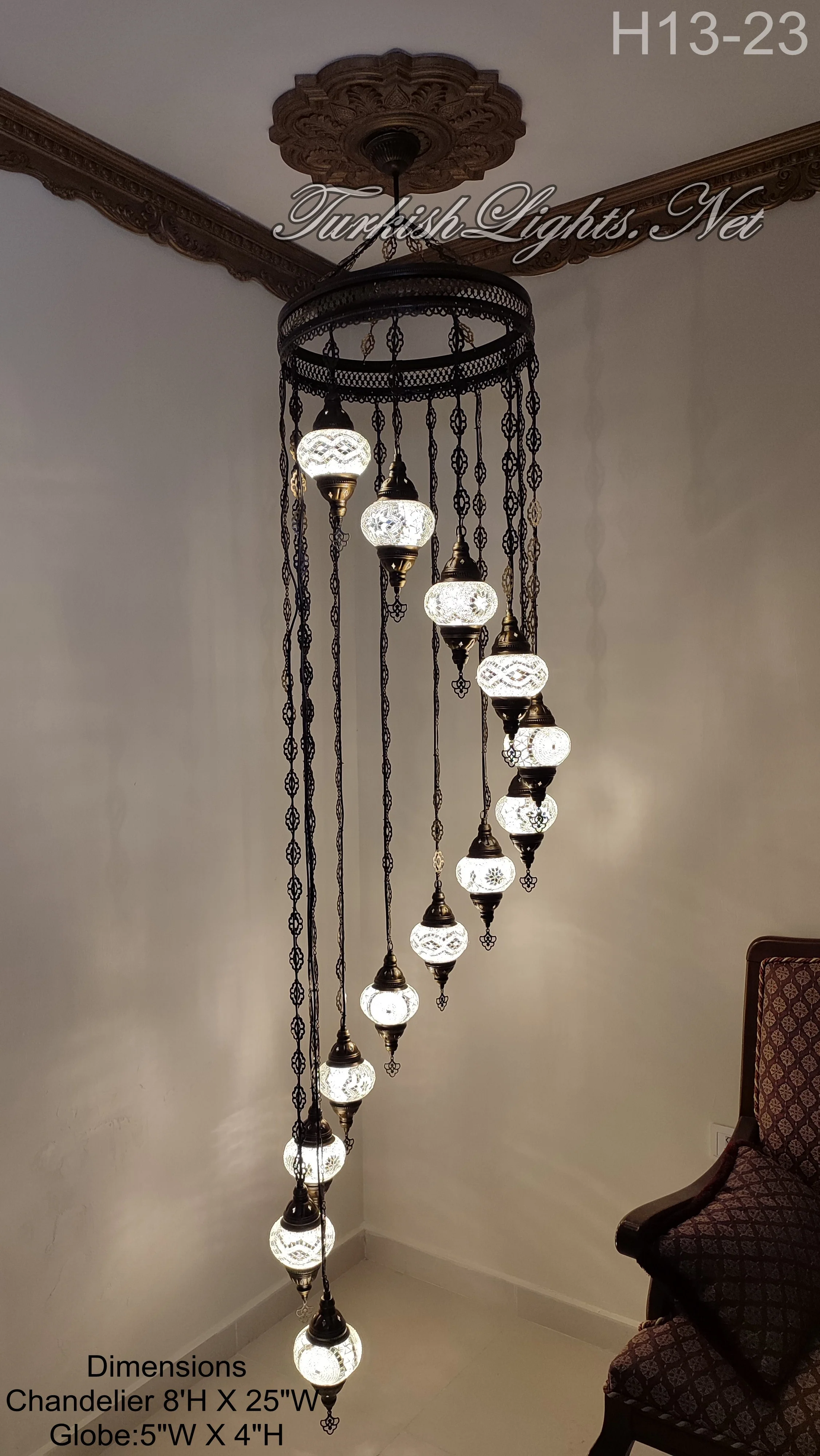 13 Ball Turkish Mosaic Chandelier - Handmade Water Drop Design with Medium Globes, ID: H13M - Image 4