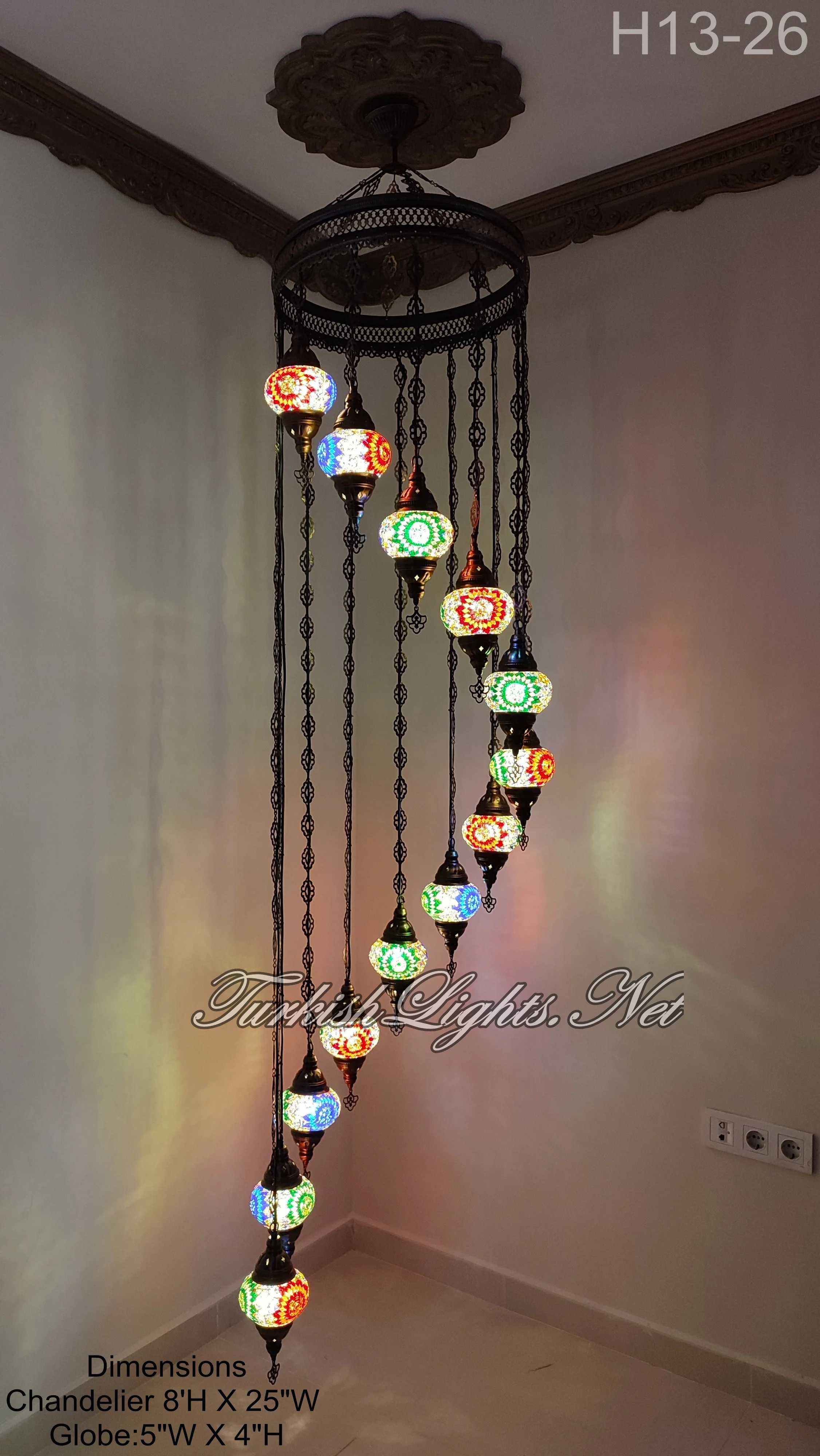 13 Ball Turkish Mosaic Chandelier - Handmade Water Drop Design with Medium Globes, ID: H13M - Image 7