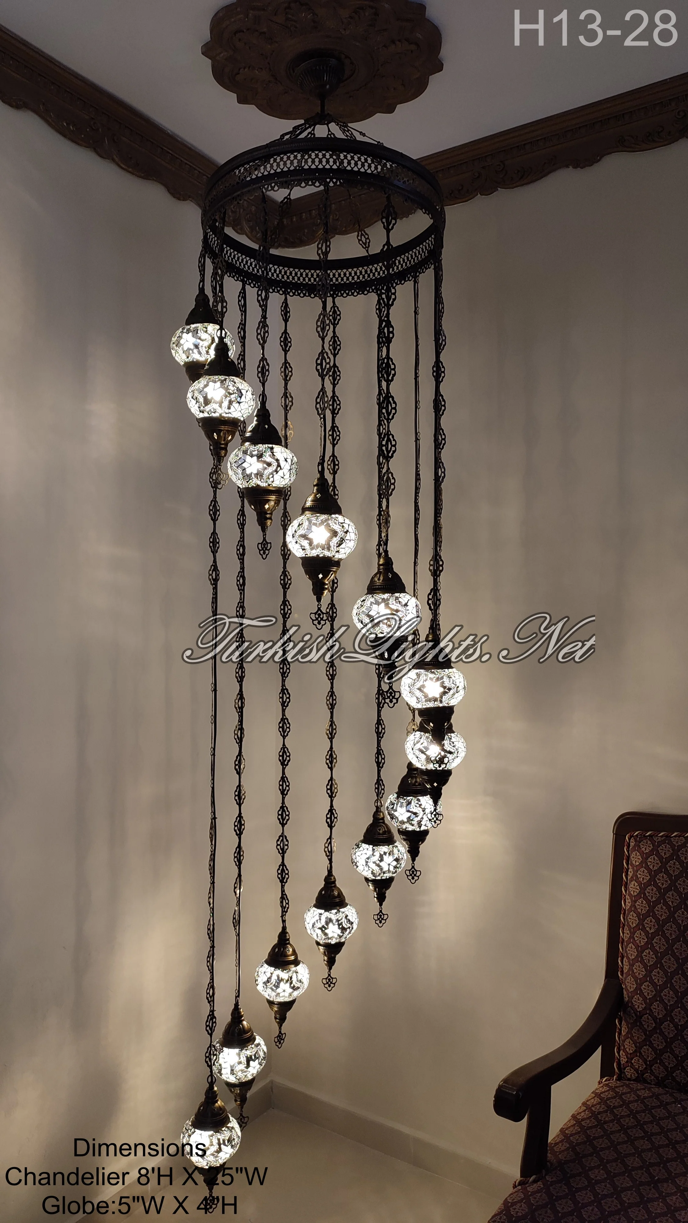 13 Ball Turkish Mosaic Chandelier - Handmade Water Drop Design with Medium Globes, ID: H13M - Image 9
