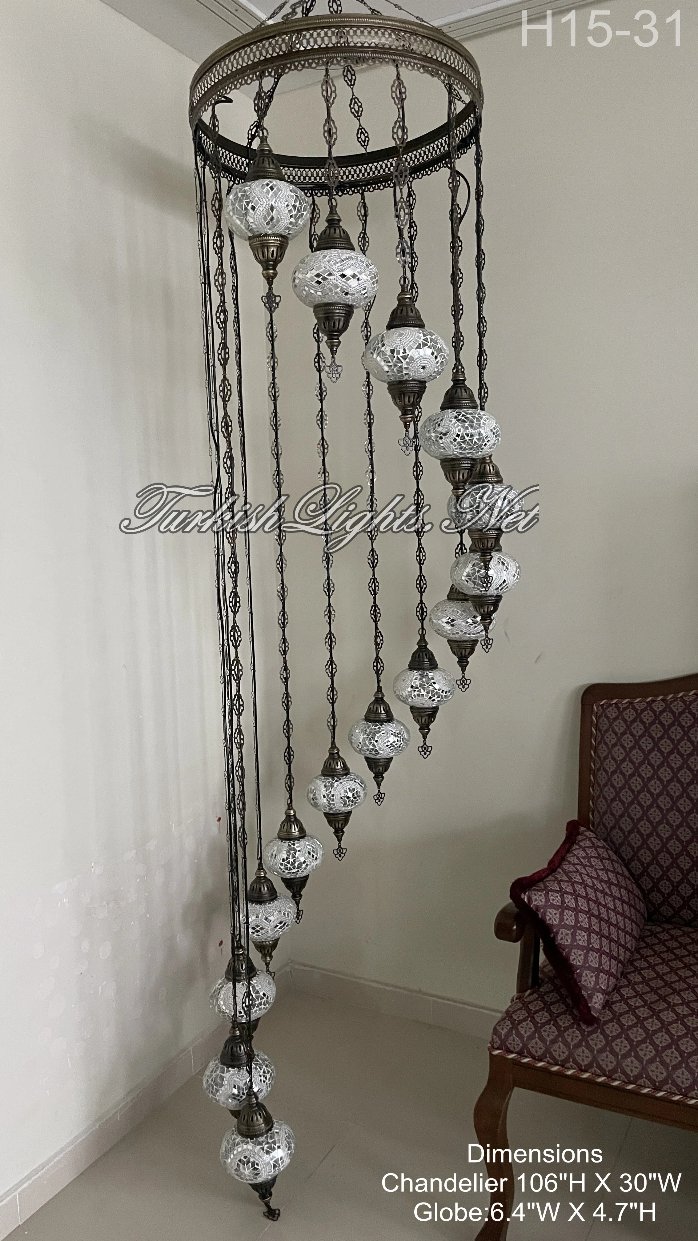 15 Ball Turkish Water Drop Mosaic Chandelier - Handmade Design with Large Globes, ID: H15L-31 - Image 3