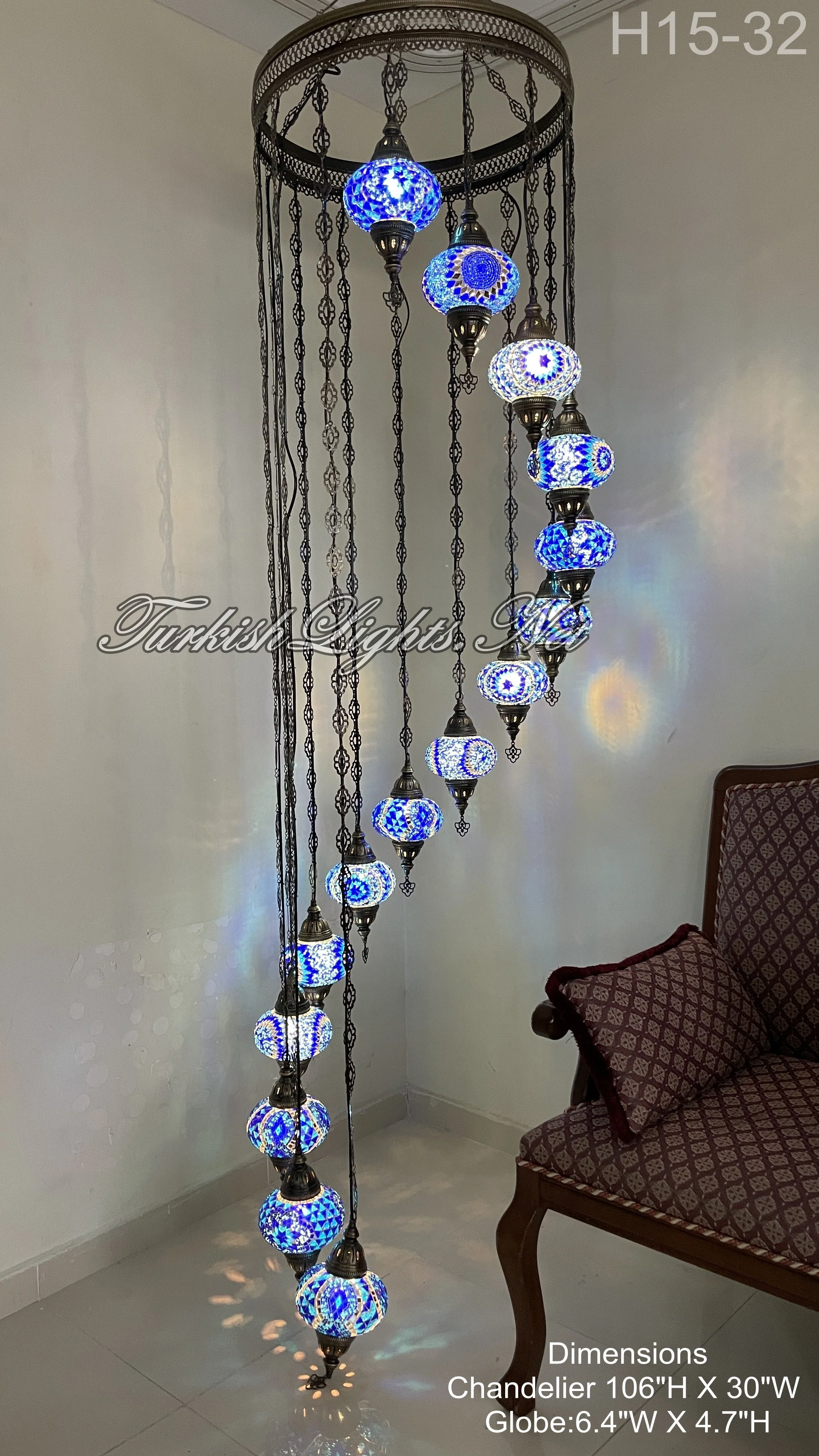15 Ball Turkish Water Drop Mosaic Chandelier - Handmade Design with Large Globes, ID: H15L-32