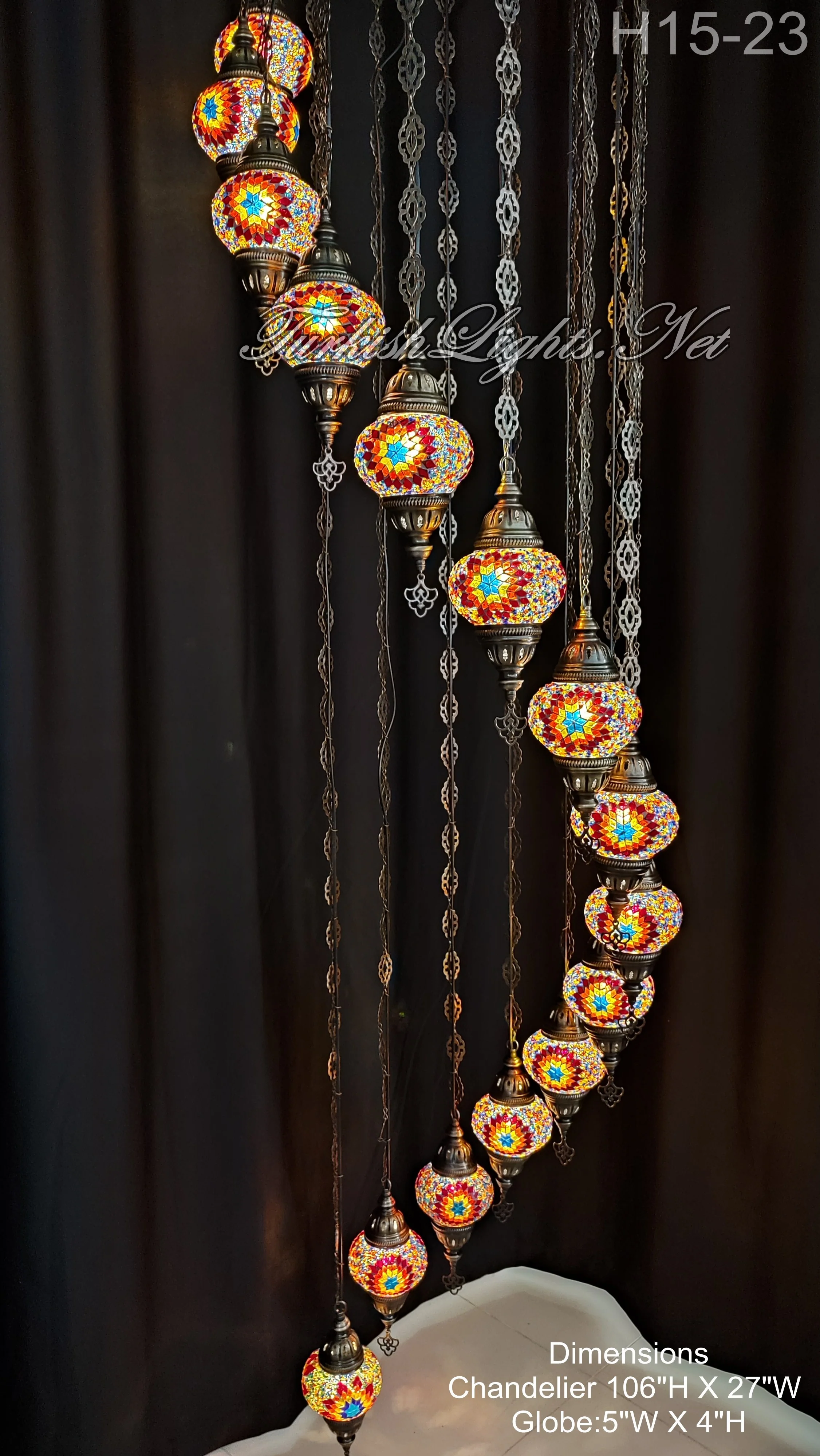 15 Ball Turkish Water Drop Mosaic Chandelier - Handmade Design with Medium Globes, ID: H15M-23 - Image 2