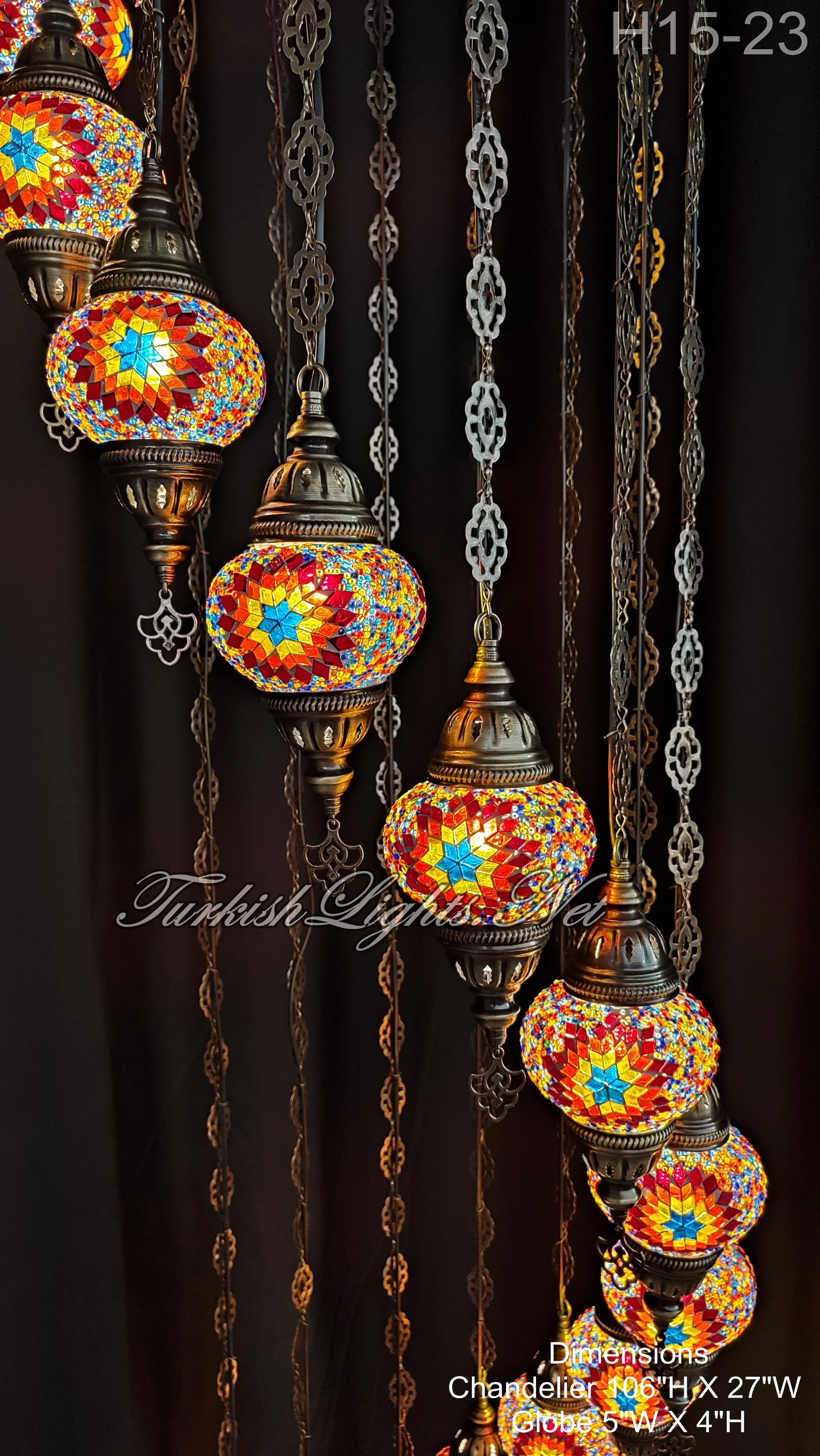 15 Ball Turkish Water Drop Mosaic Chandelier - Handmade Design with Medium Globes, ID: H15M-23 - Image 3