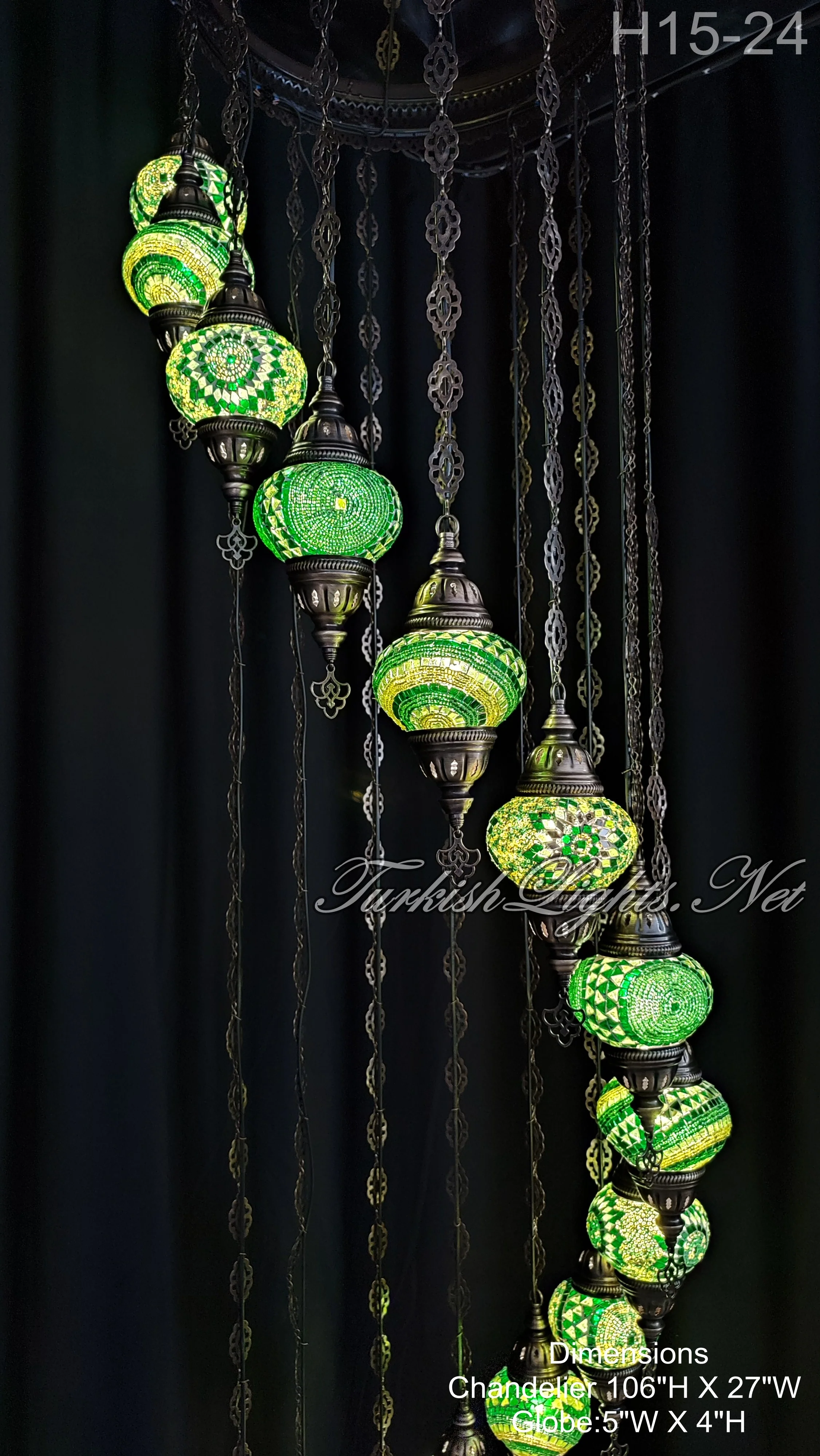 15 Ball Turkish Water Drop Mosaic Chandelier - Handmade Design with Medium Globes, ID: H15M-24 - Image 5