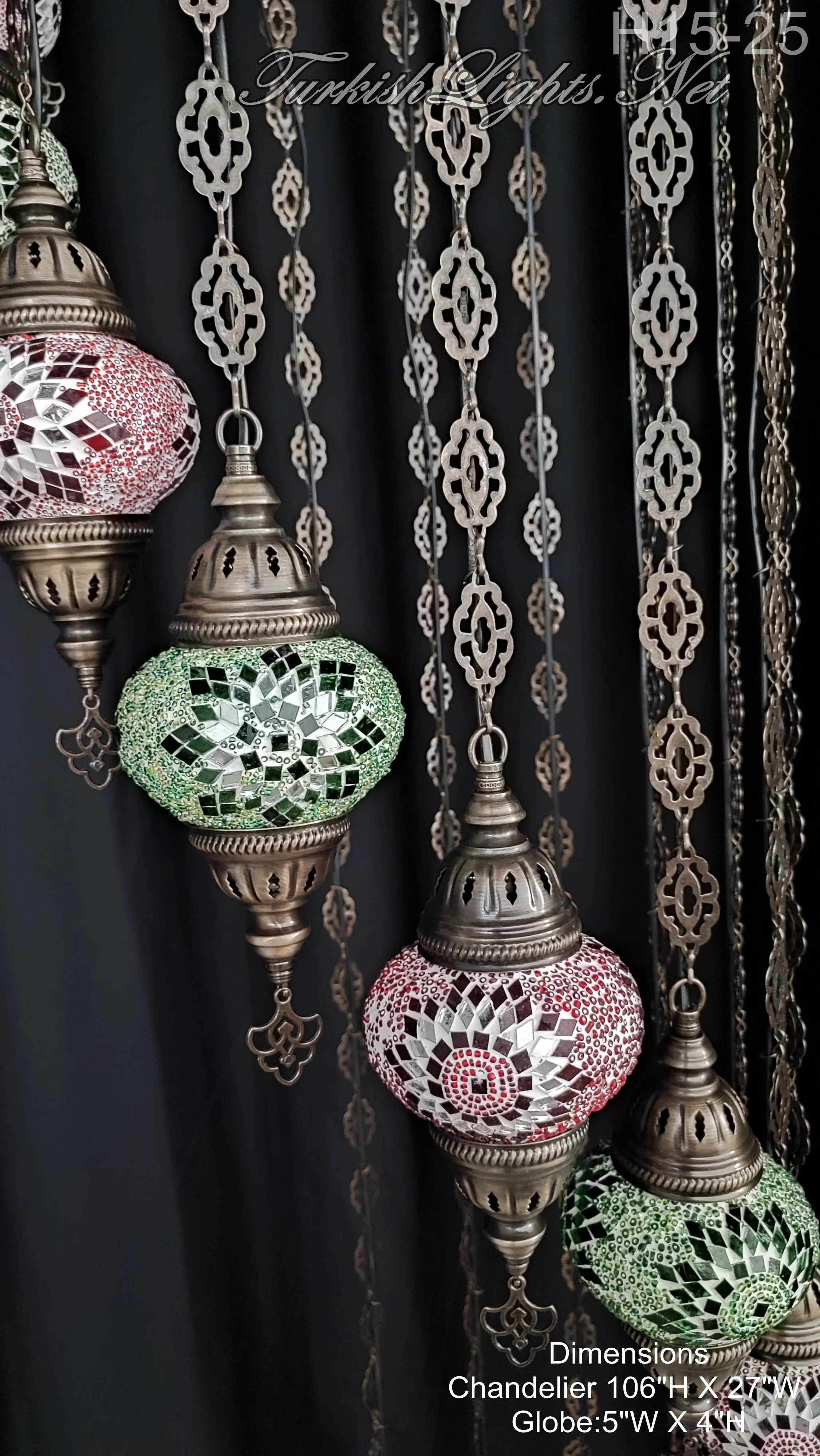 15 Ball Turkish Water Drop Mosaic Chandelier - Handmade Design with Medium Globes, ID: H15M-25 - Image 3