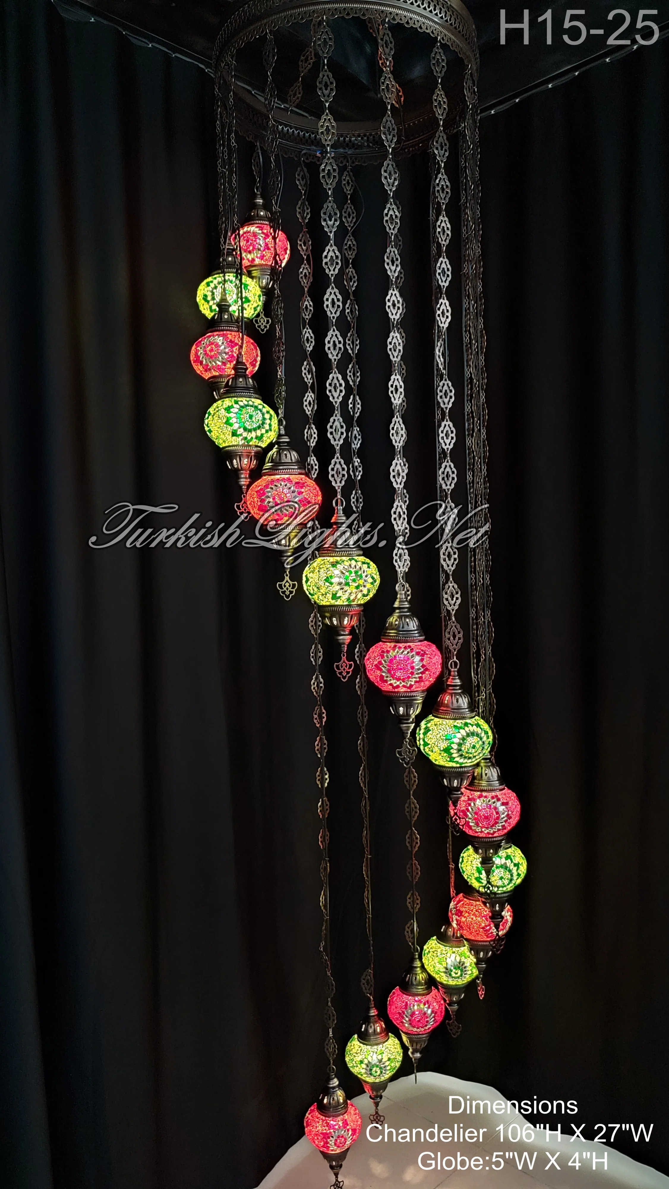 15 Ball Turkish Water Drop Mosaic Chandelier - Handmade Design with Medium Globes, ID: H15M-25 - Image 4