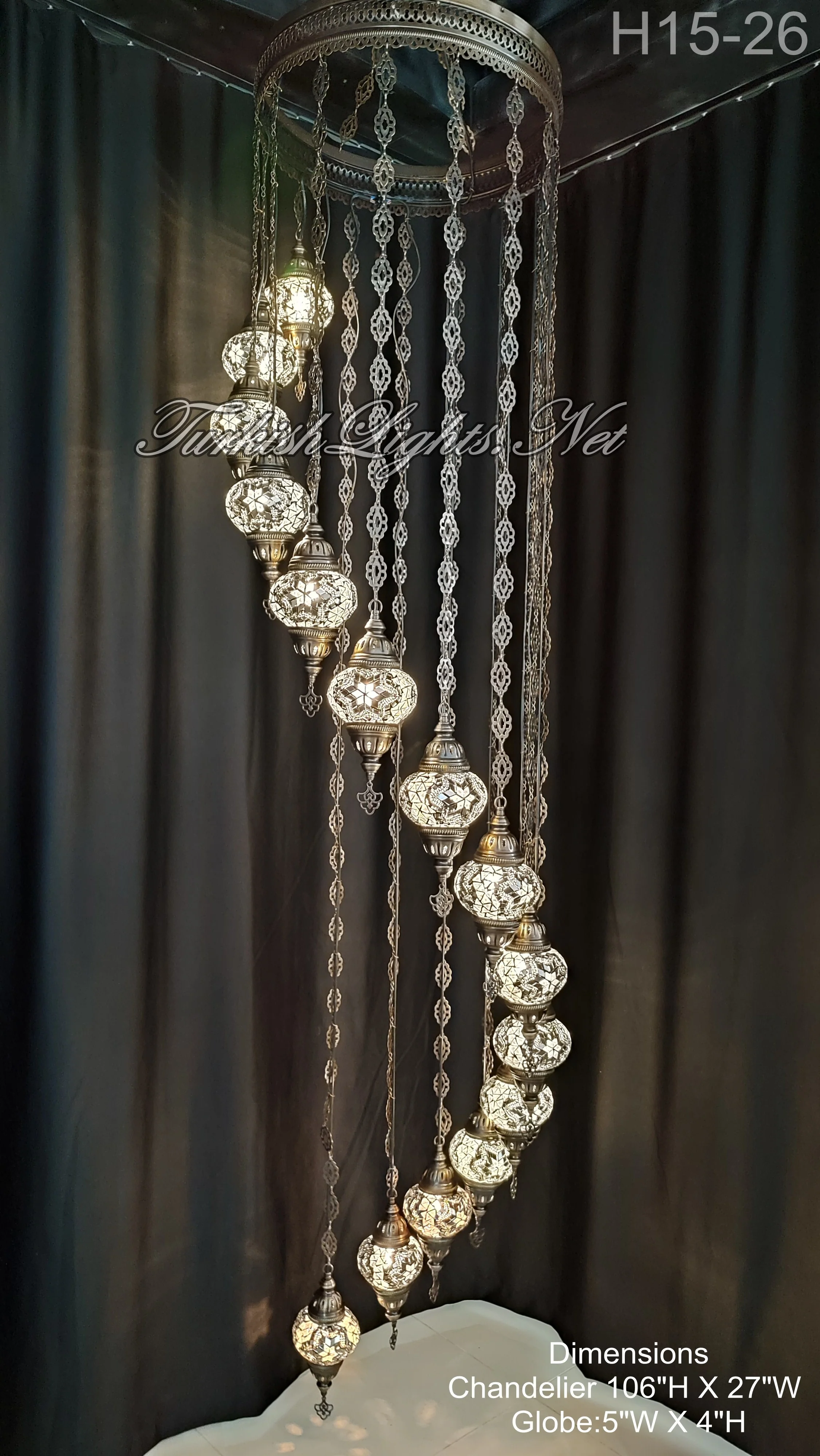 15 Ball Turkish Water Drop Mosaic Chandelier - Handmade Design with Medium Globes, ID: H15M-26