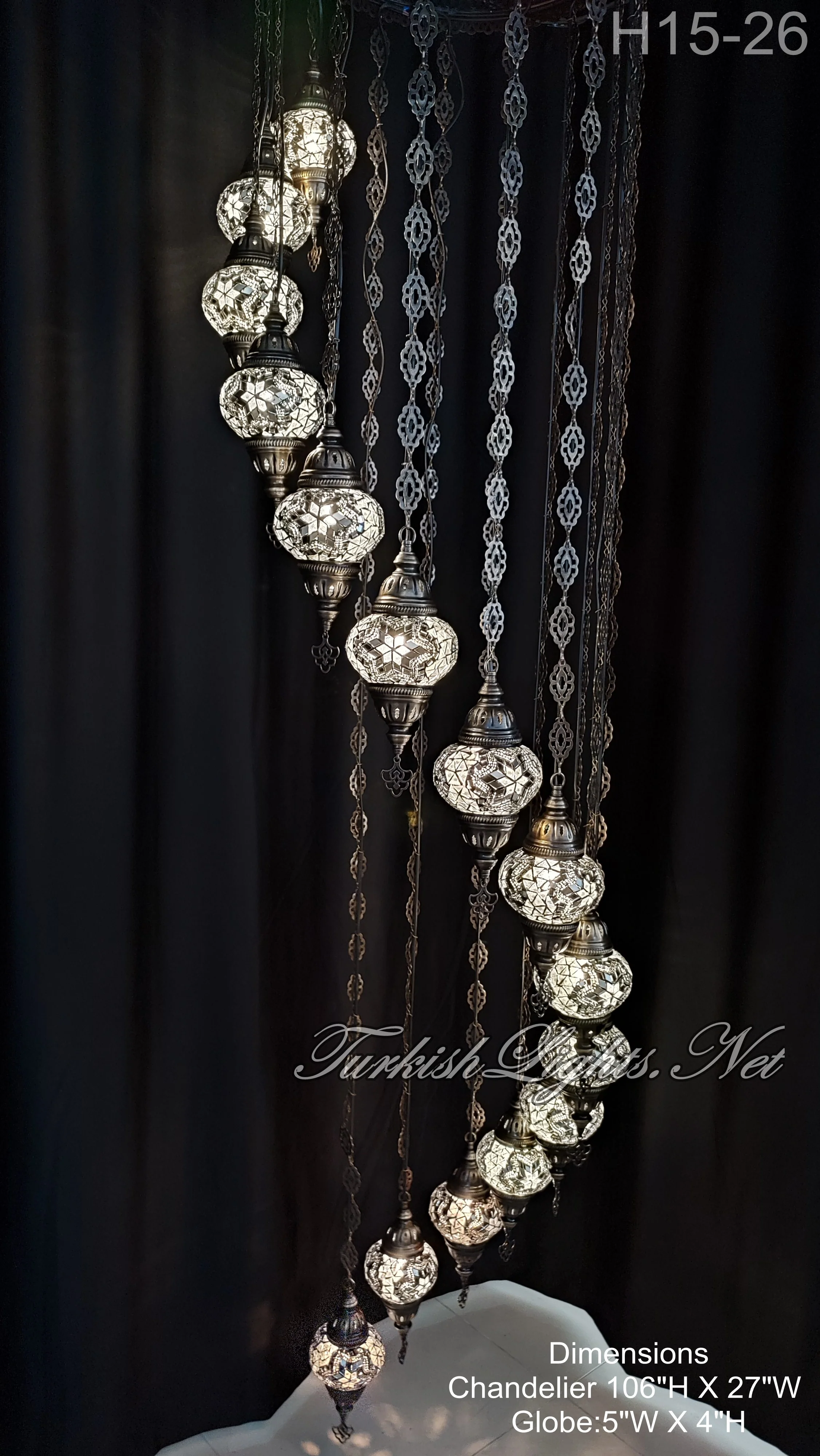 15 Ball Turkish Water Drop Mosaic Chandelier - Handmade Design with Medium Globes, ID: H15M-26 - Image 2