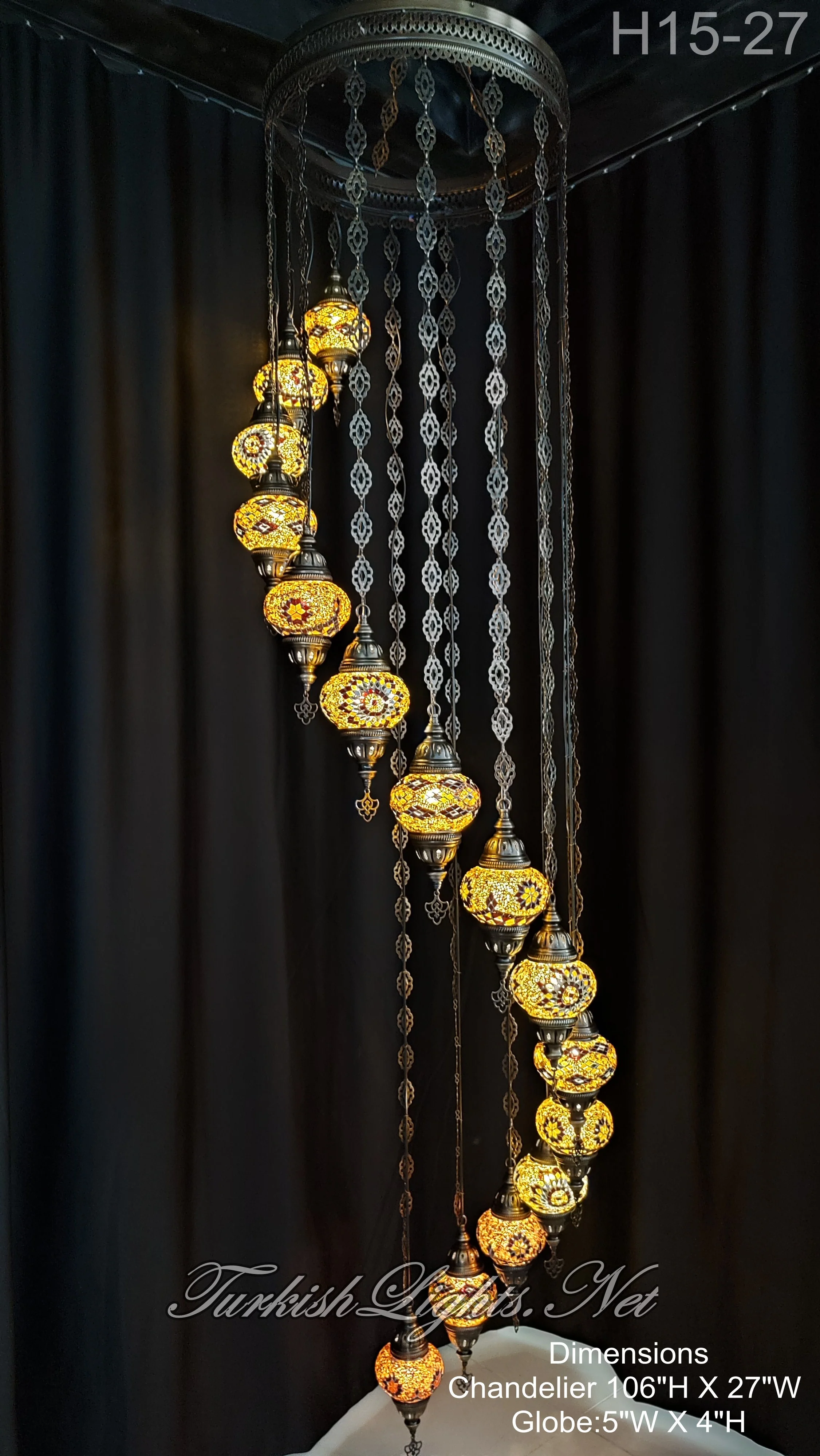 15 Ball Turkish Water Drop Mosaic Chandelier - Handmade Design with Medium Globes, ID: H15M-27