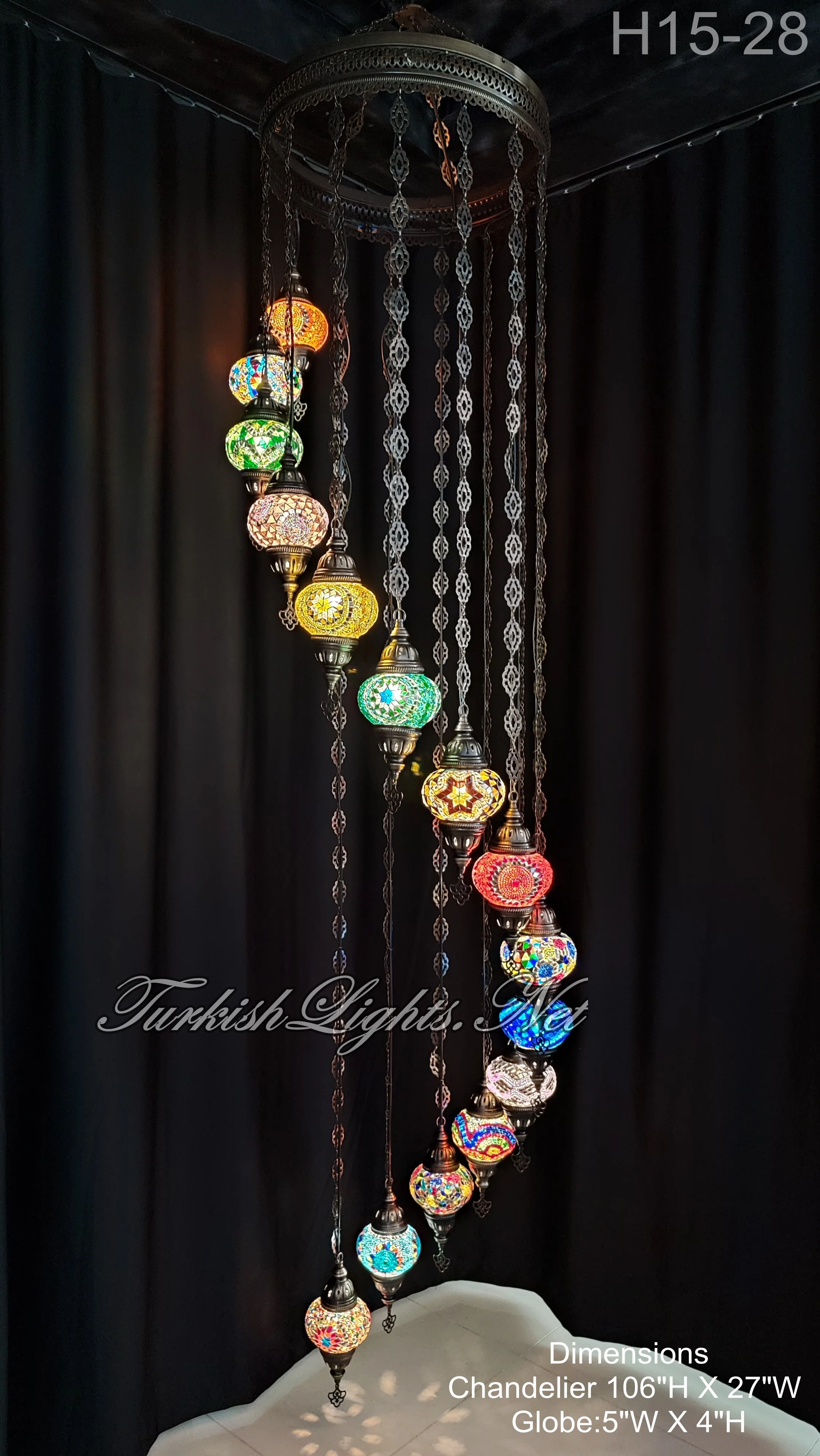 15 Ball Turkish Water Drop Mosaic Chandelier - Handmade Design with Medium Globes, ID: H15M-28