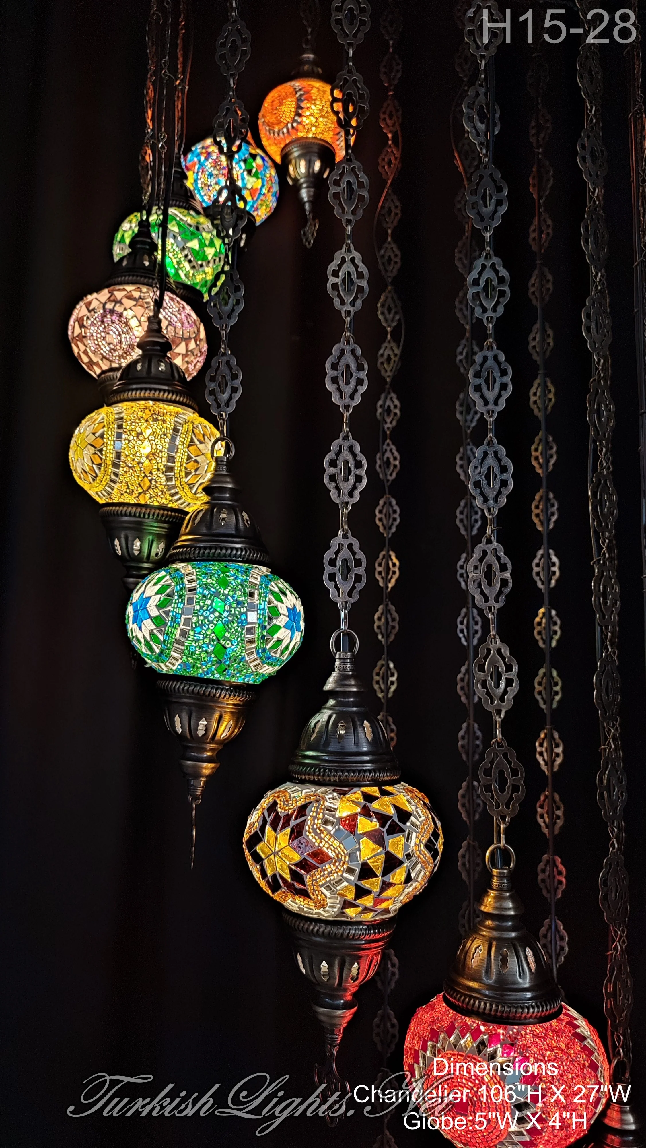 15 Ball Turkish Water Drop Mosaic Chandelier - Handmade Design with Medium Globes, ID: H15M-28 - Image 3