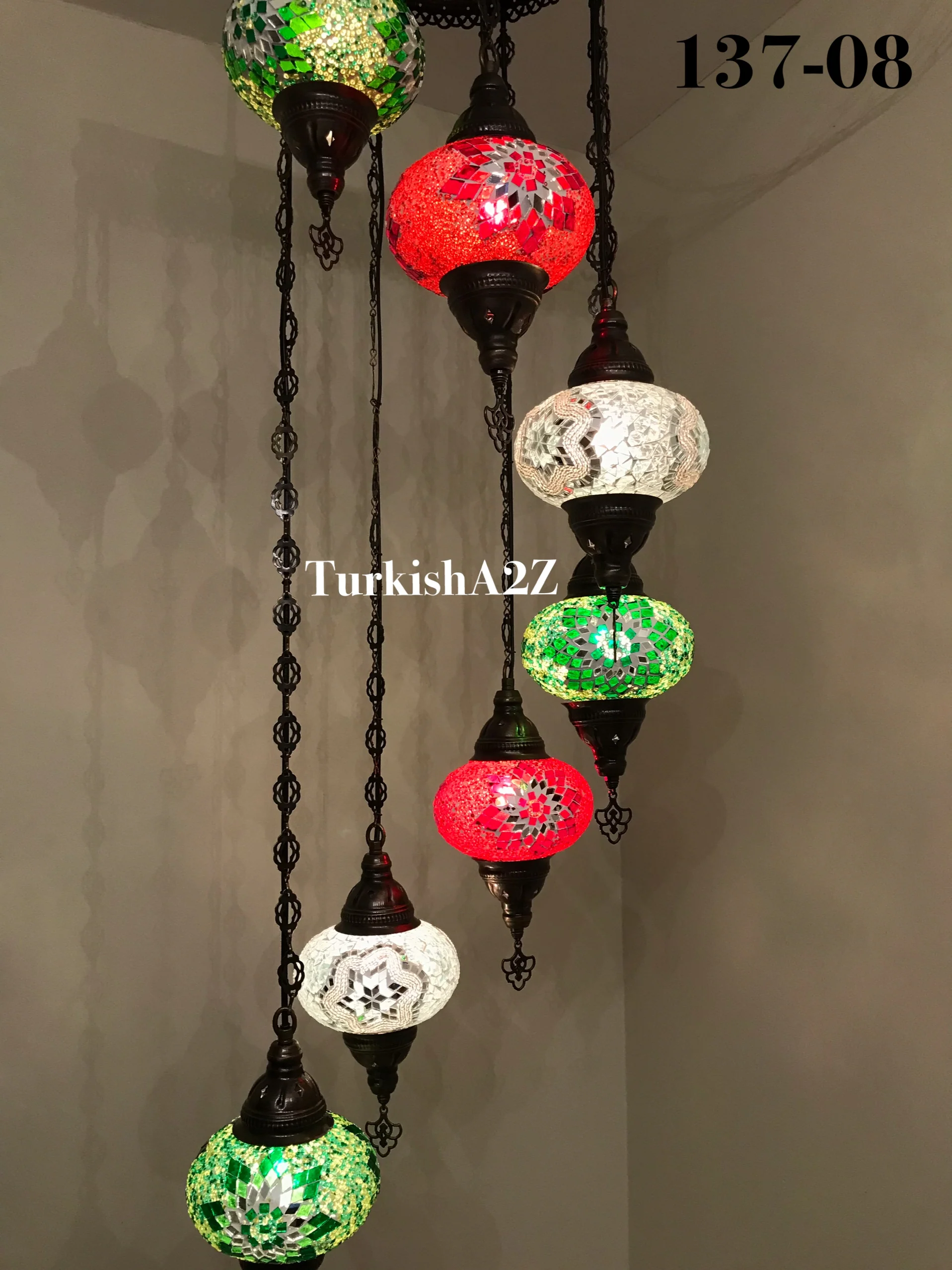 7 Ball Turkish Mosaic Chandelier - Water Drop Design with Large Globes, ID: H7L-01 - Image 2