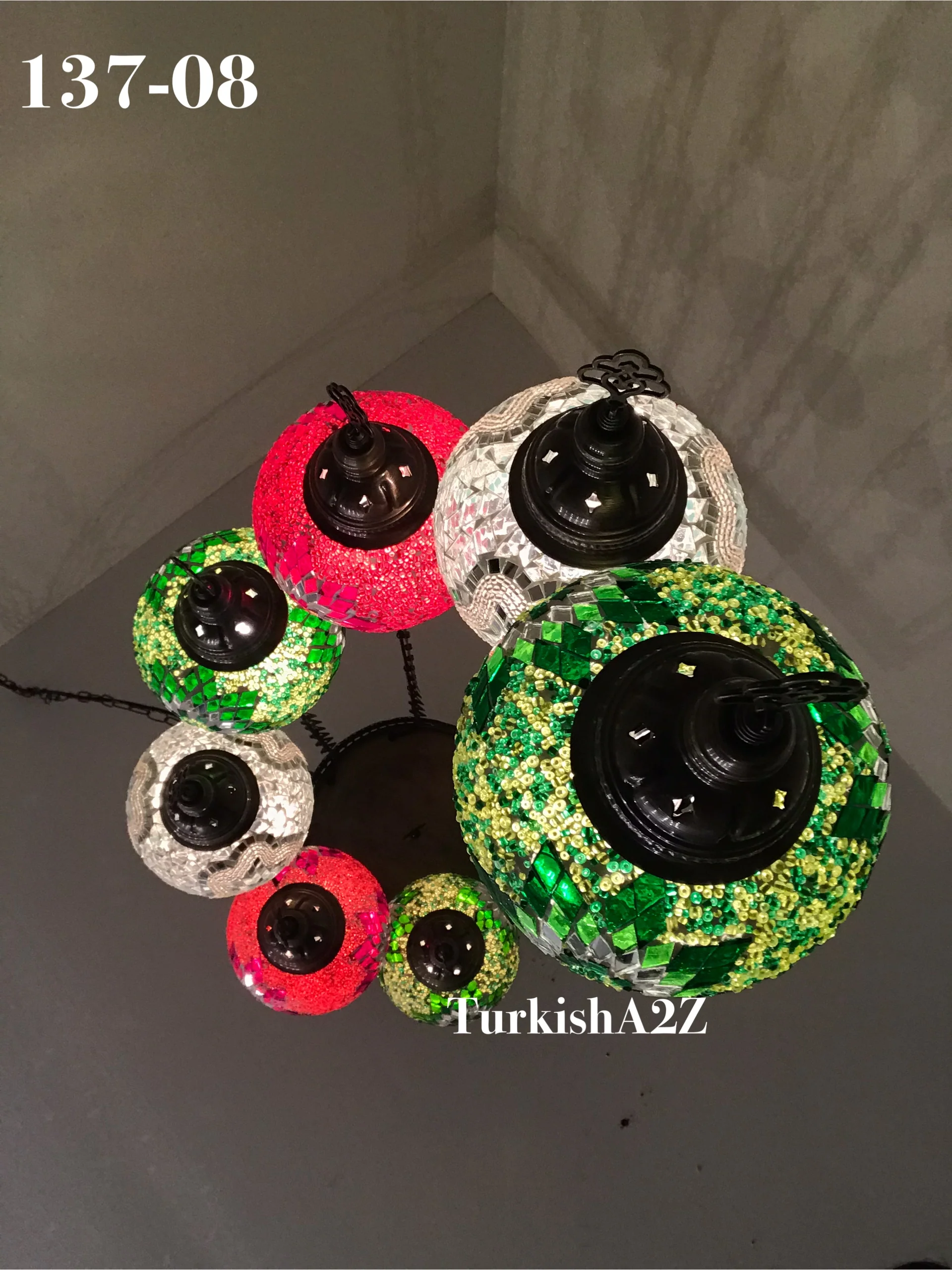 7 Ball Turkish Mosaic Chandelier - Water Drop Design with Large Globes, ID: H7L-01 - Image 4