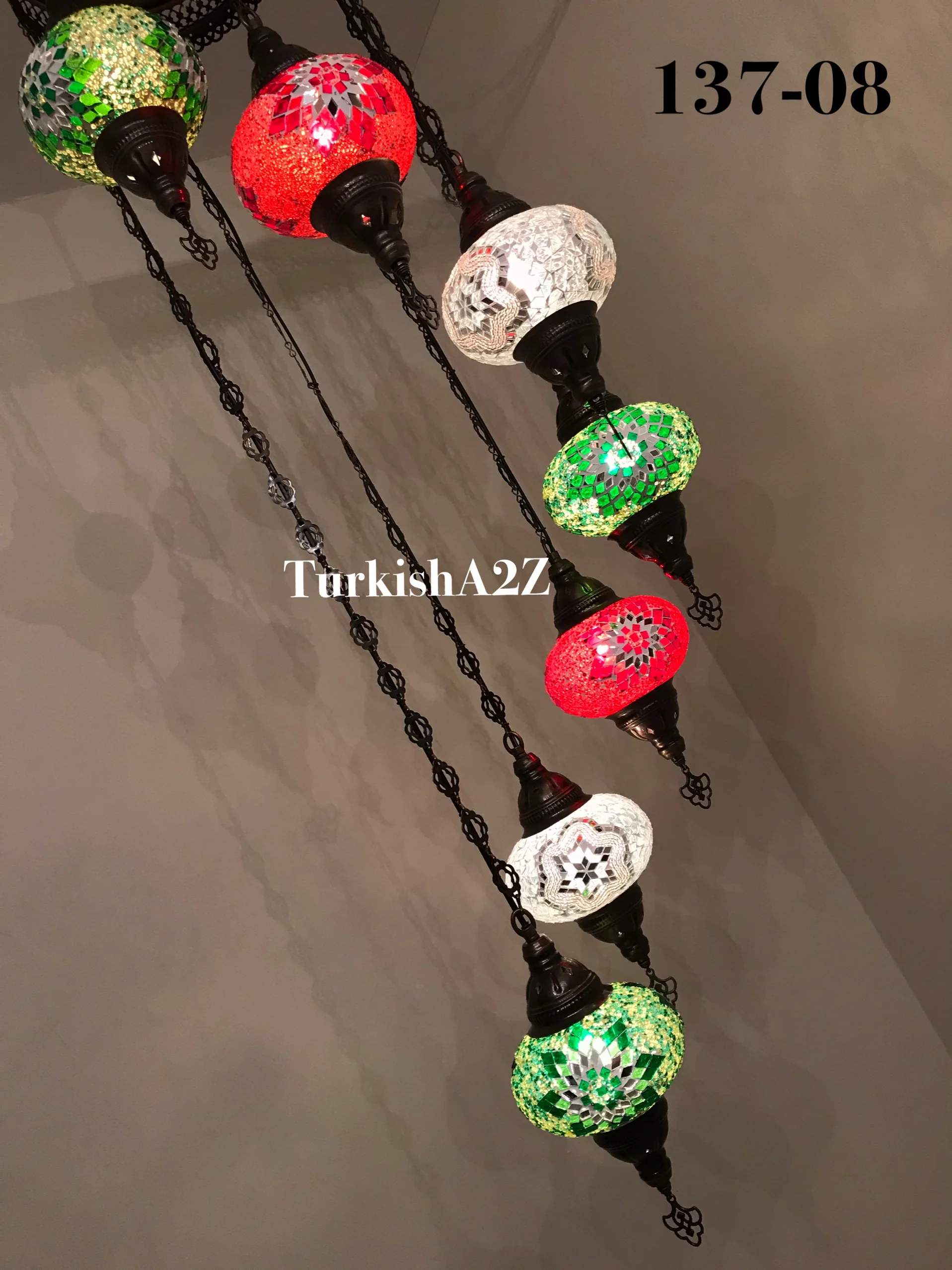 7 Ball Turkish Mosaic Chandelier - Water Drop Design with Large Globes, ID: H7L-01 - Image 6