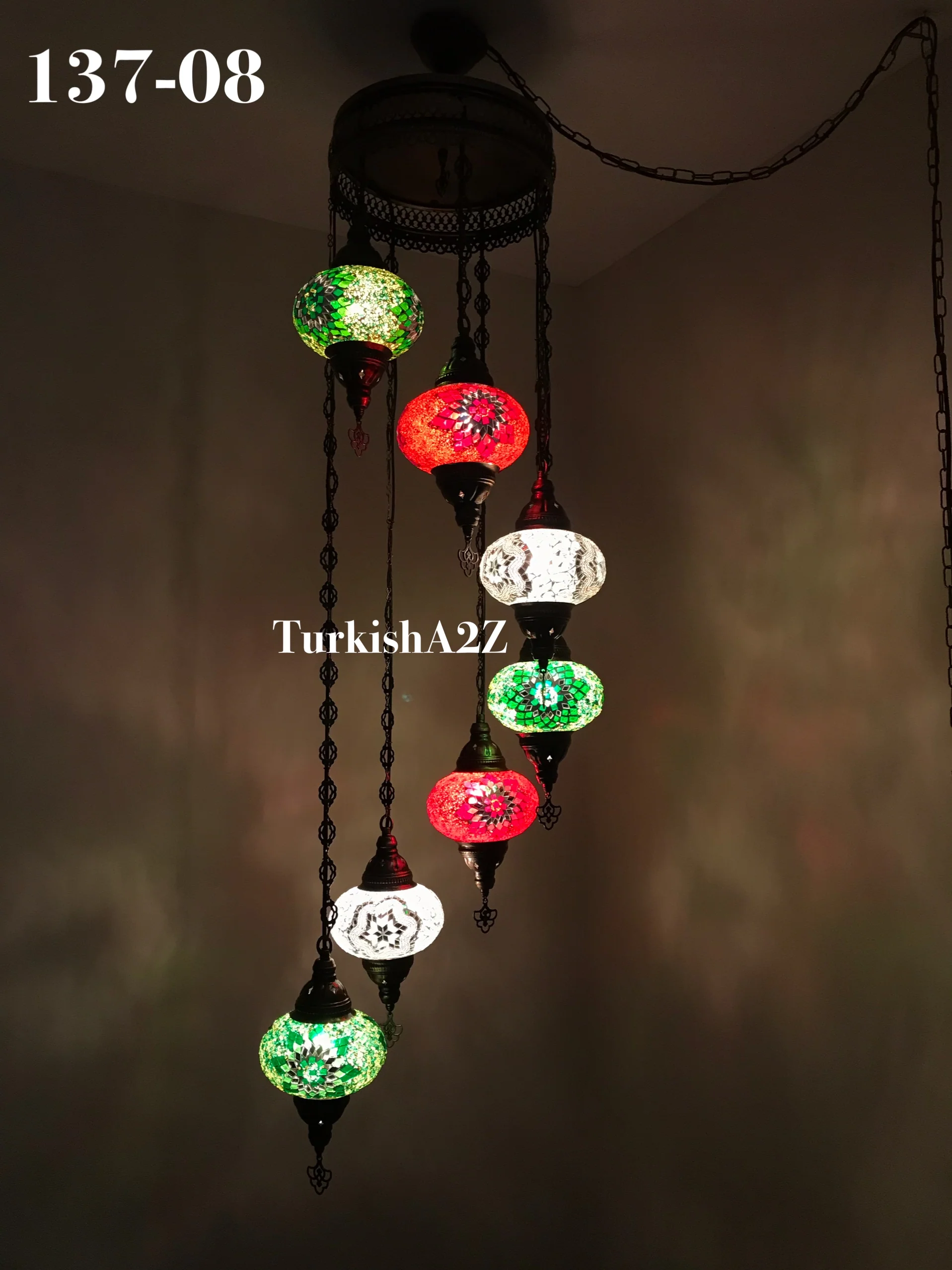 7 Ball Turkish Mosaic Chandelier - Water Drop Design with Large Globes, ID: H7L-01 - Image 7
