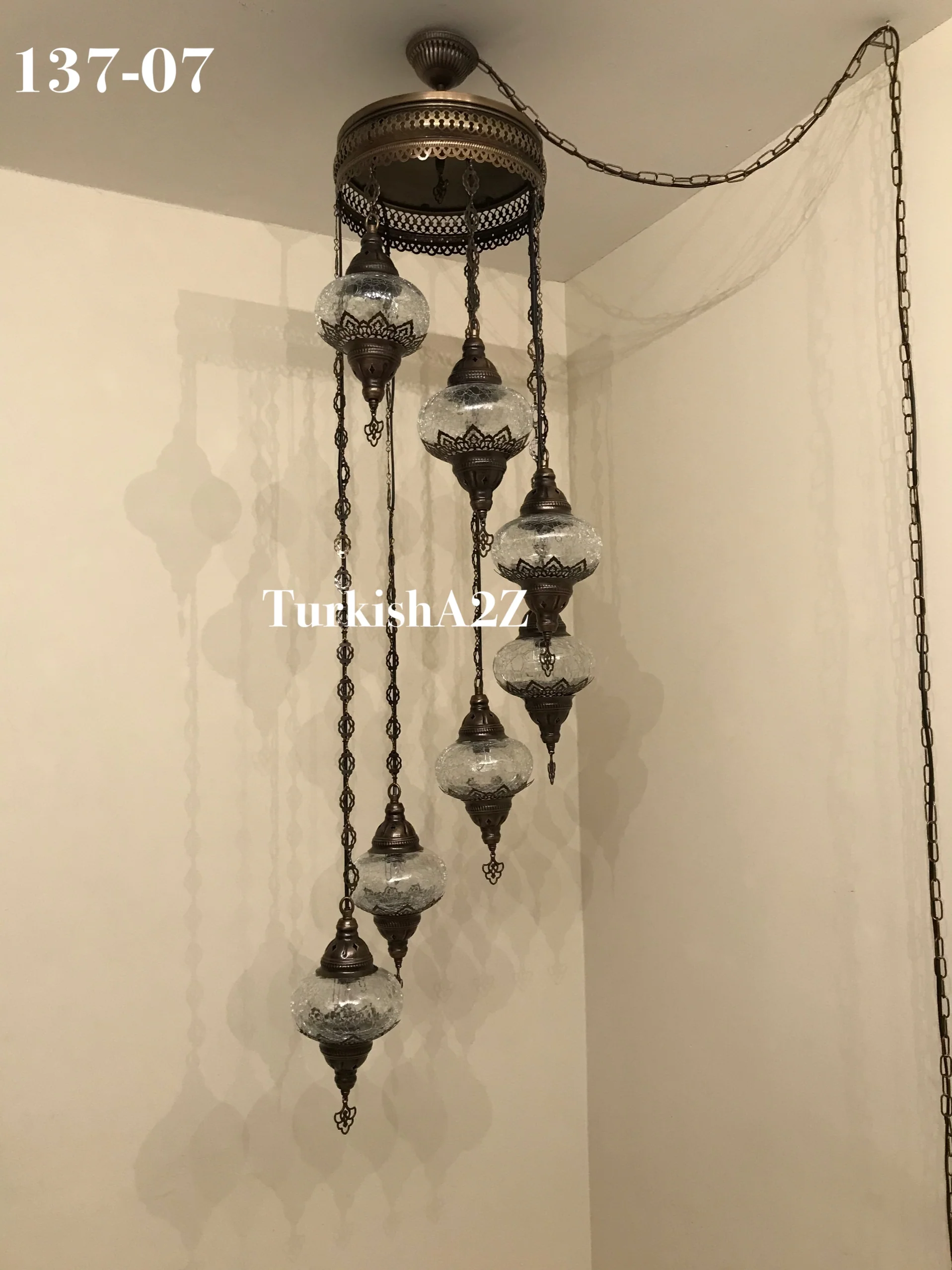 7 Ball Turkish Mosaic Chandelier - Water Drop Design with Large Globes, ID: H7L-02 - Image 3