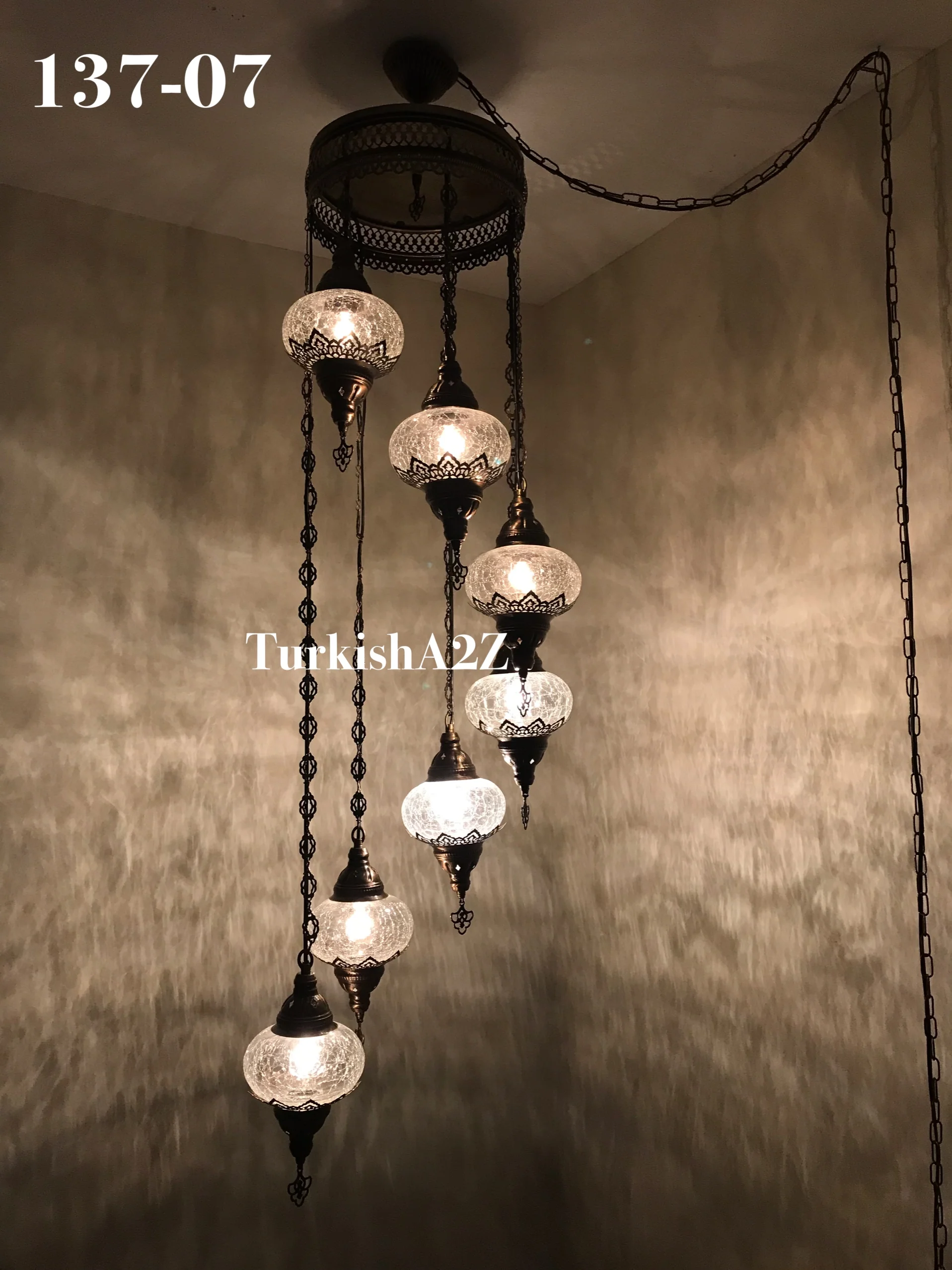 7 Ball Turkish Mosaic Chandelier - Water Drop Design with Large Globes, ID: H7L-02 - Image 4