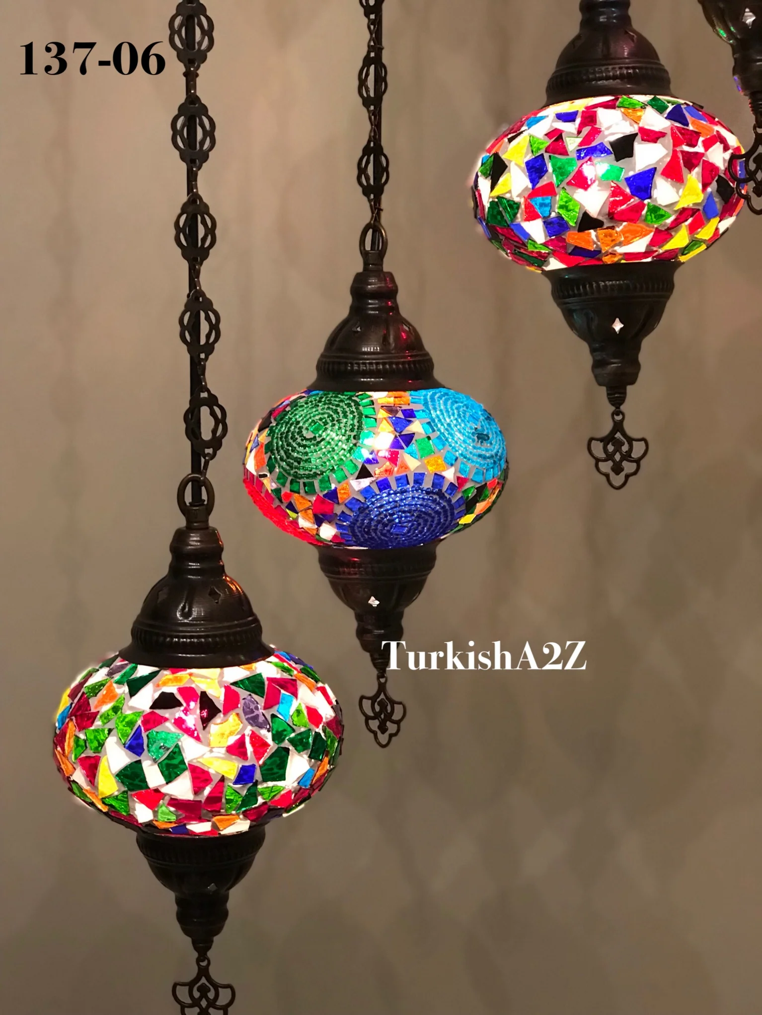 7 Ball Turkish Mosaic Chandelier - Water Drop Design with Large Globes, ID: H7L-03 - Image 5