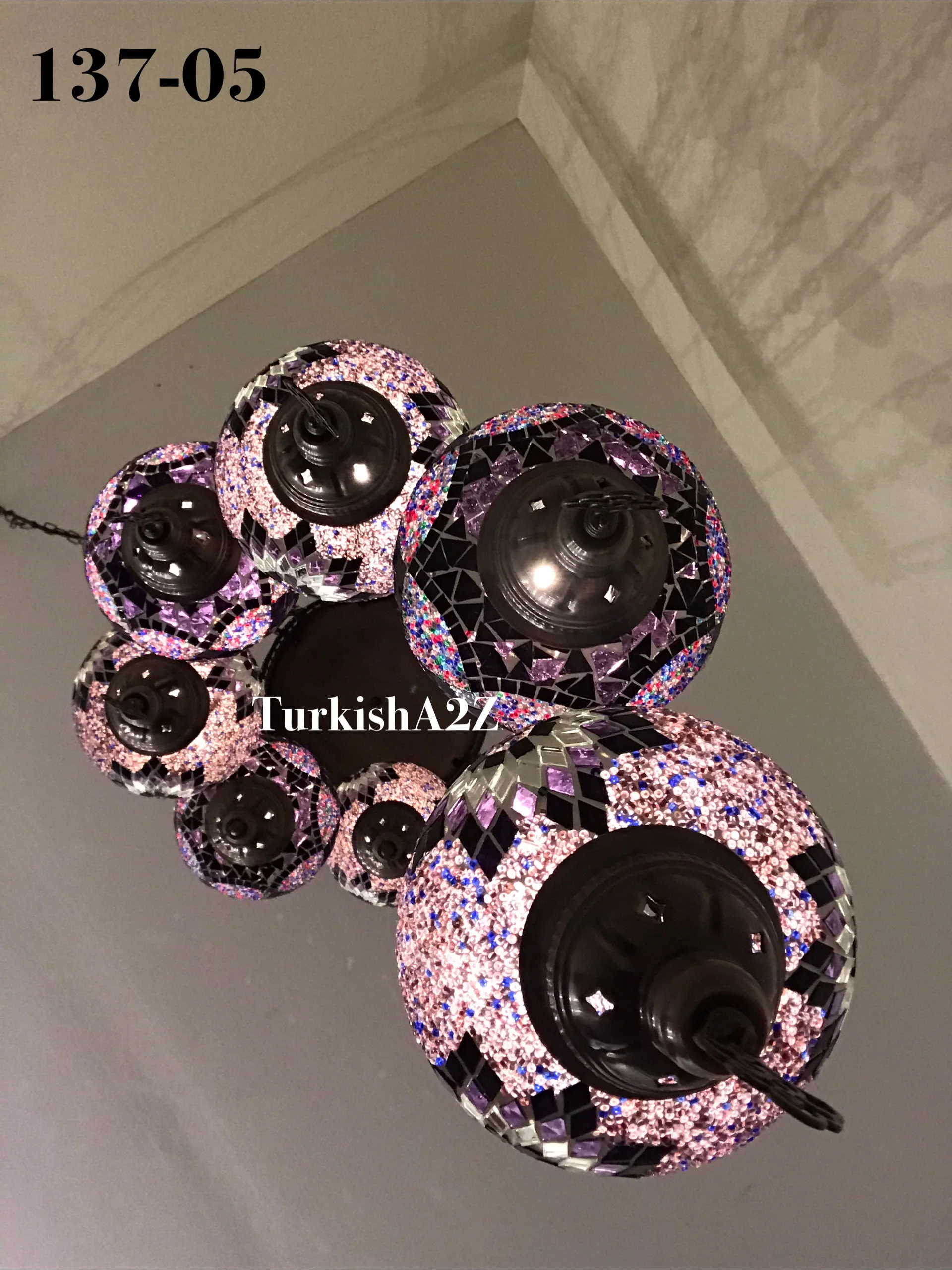 7 Ball Turkish Mosaic Chandelier - Water Drop Design with Large Globes, ID: H7L-04 - Image 4