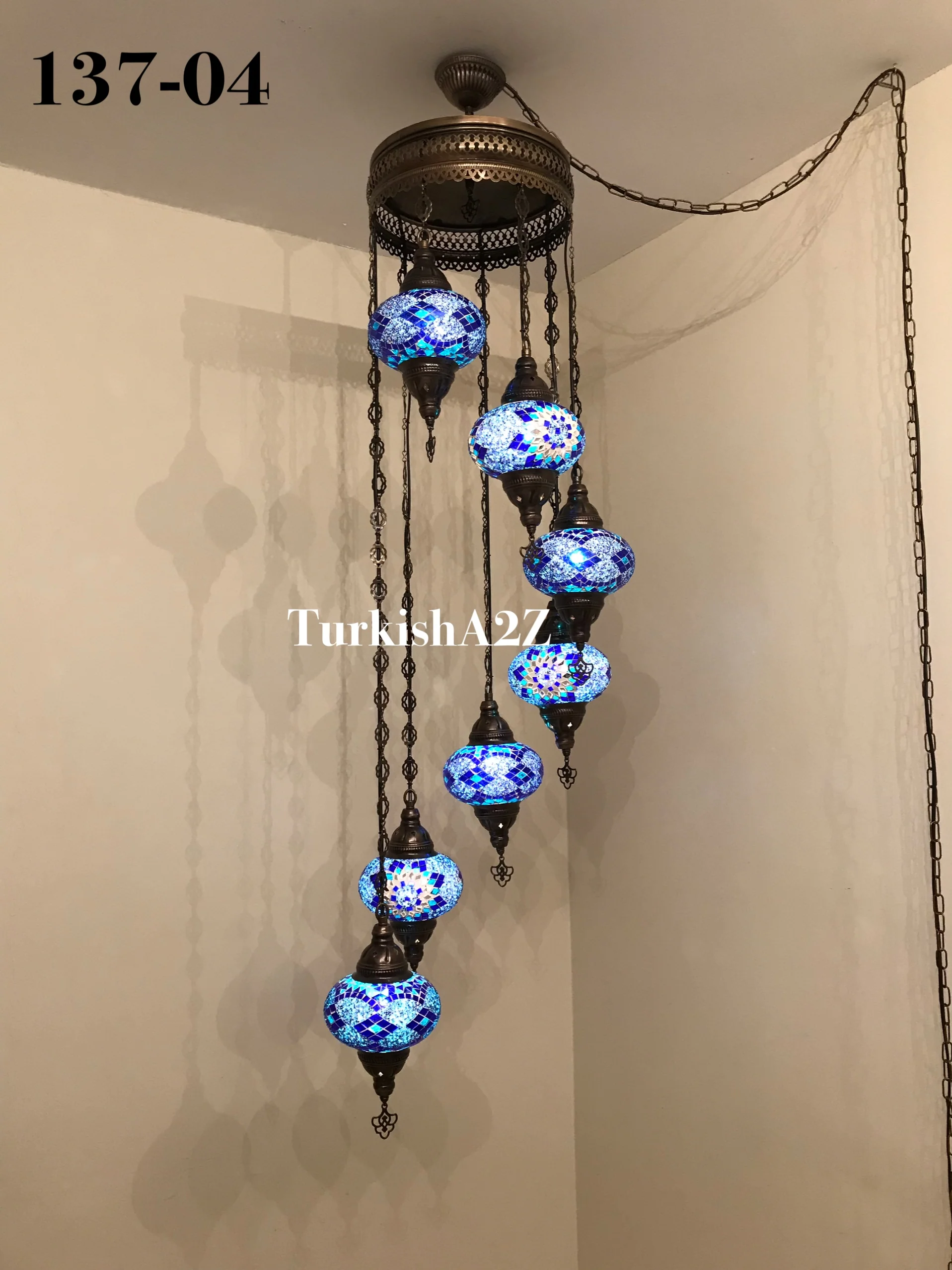 7 Ball Turkish Mosaic Chandelier - Water Drop Design with Large Globes, ID: H7L-05