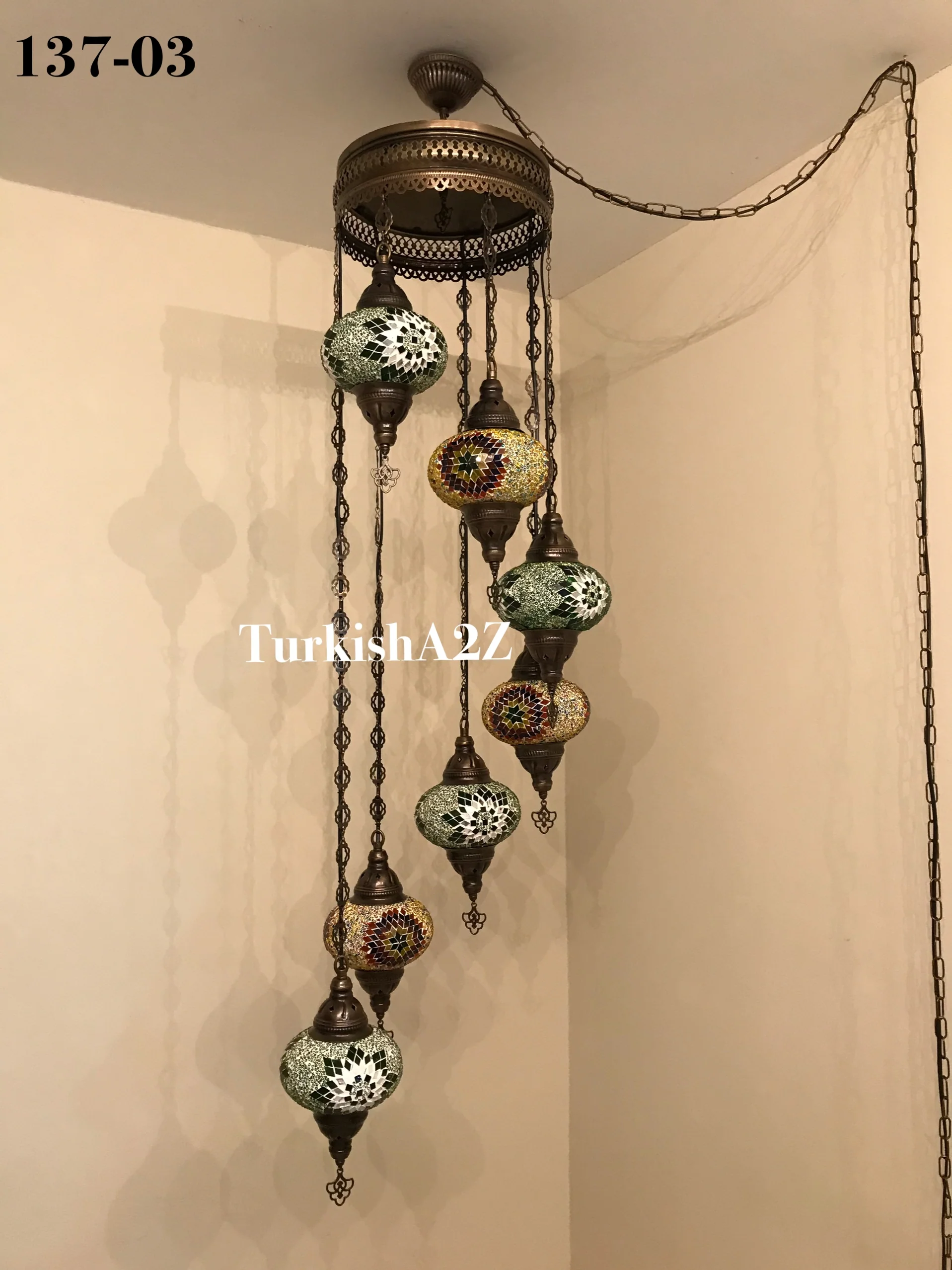 7 Ball Turkish Mosaic Chandelier - Water Drop Design with Large Globes, ID: H7L-05 - Image 3