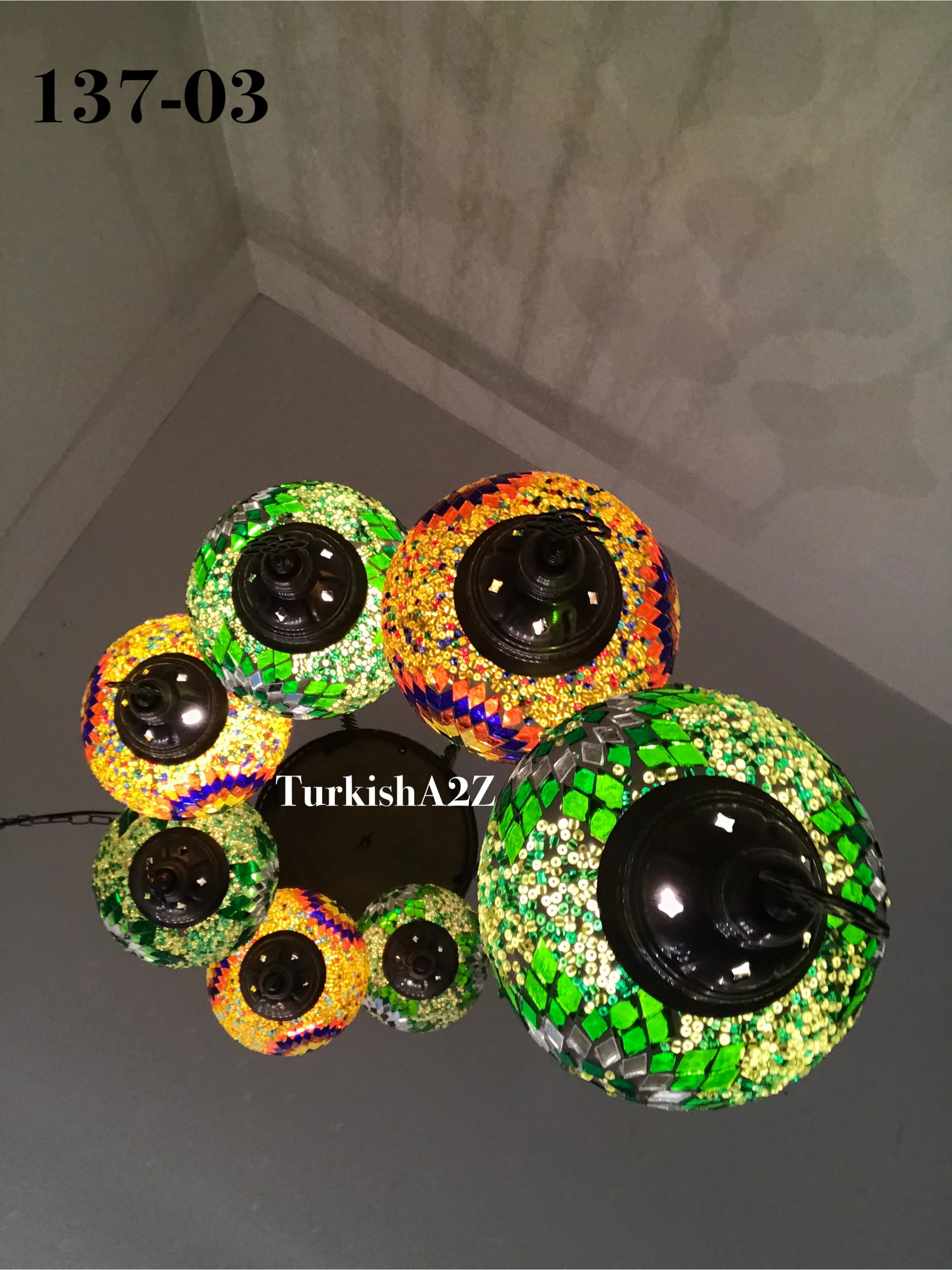 7 Ball Turkish Mosaic Chandelier - Water Drop Design with Large Globes, ID: H7L-05 - Image 4