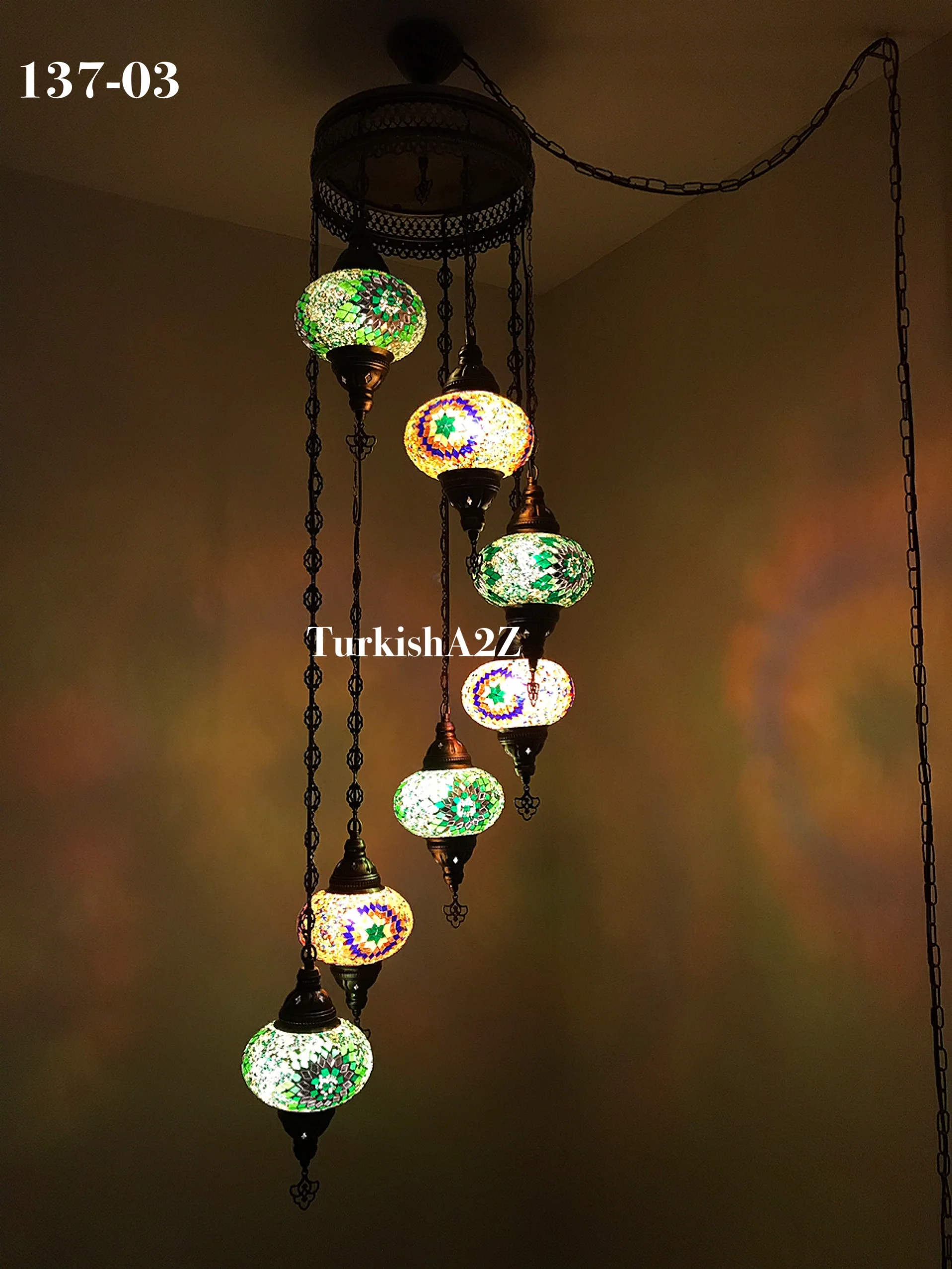 7 Ball Turkish Mosaic Chandelier - Water Drop Design with Large Globes, ID: H7L-05 - Image 7