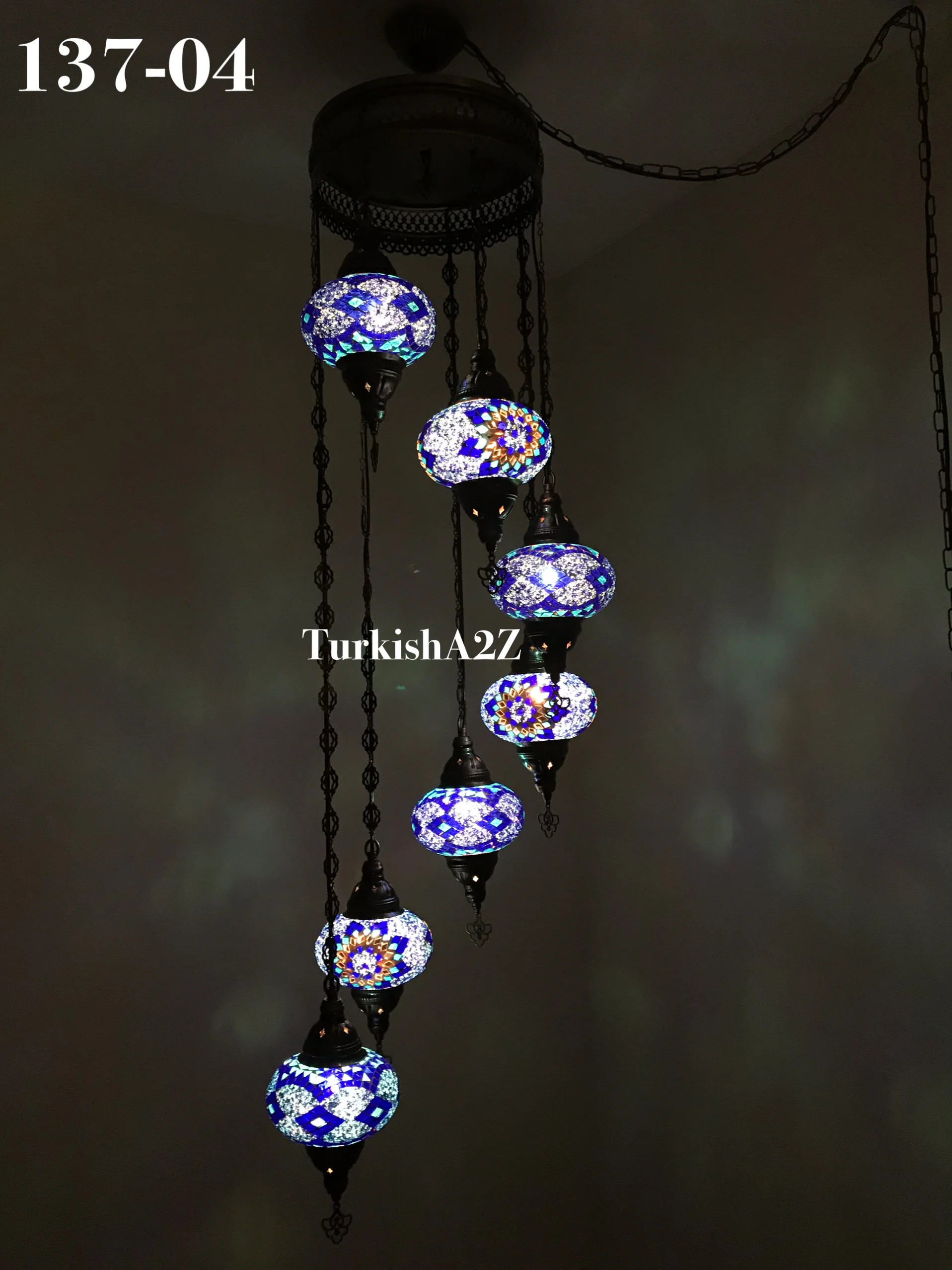 7 Ball Turkish Mosaic Chandelier - Water Drop Design with Large Globes, ID: H7L-05 - Image 6