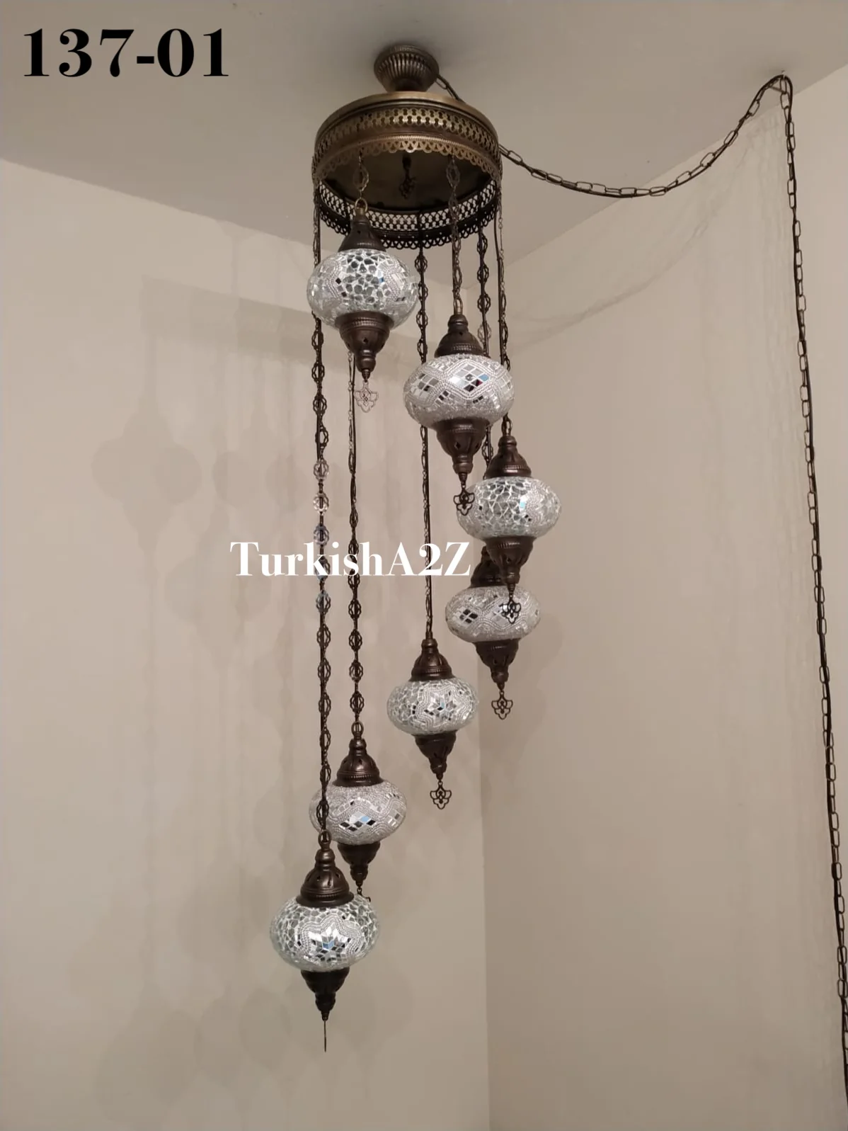 7 Ball Turkish Mosaic Chandelier - Water Drop Design with Large Globes, ID: H7L-07 - Image 3