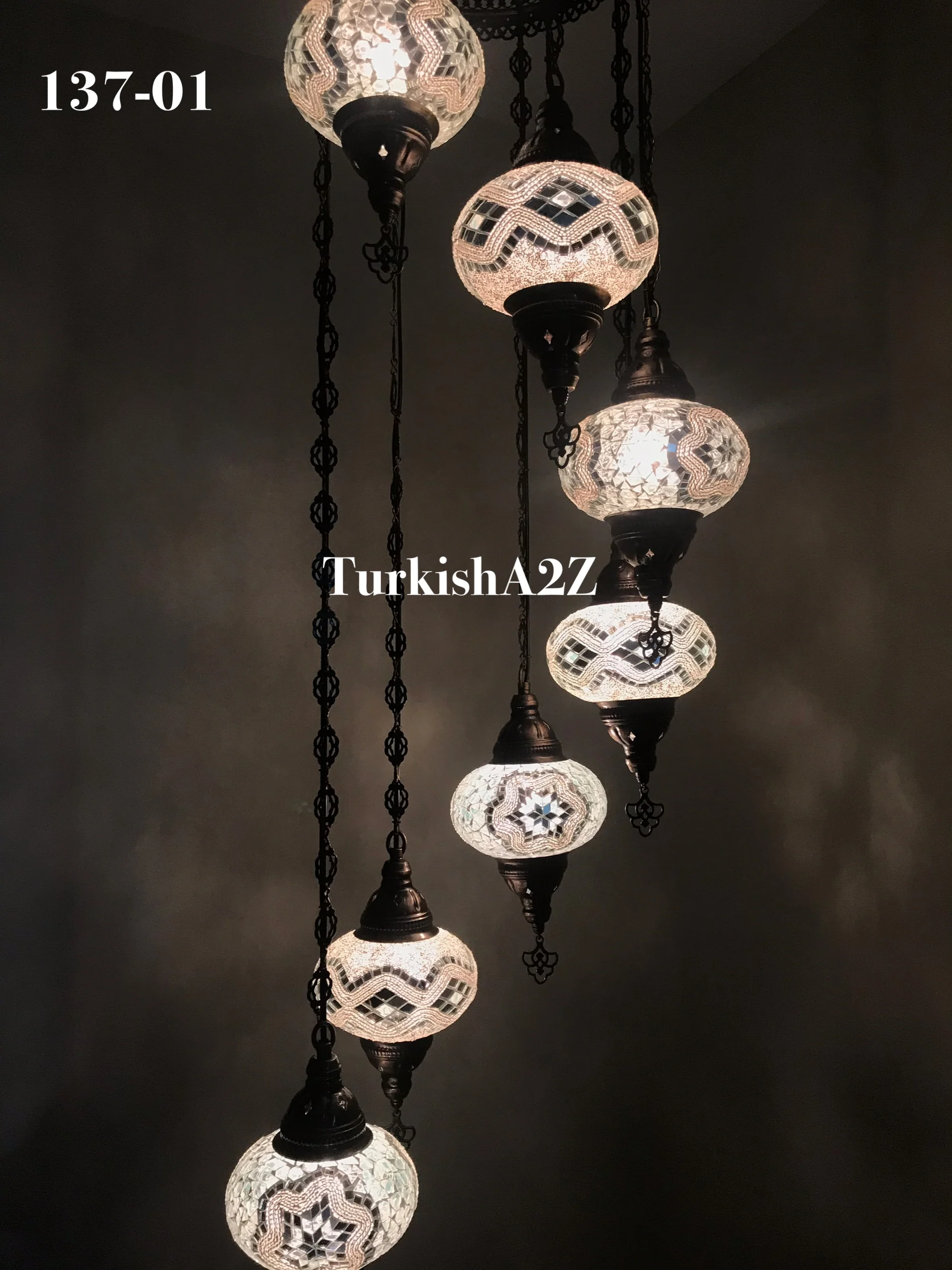 7 Ball Turkish Mosaic Chandelier - Water Drop Design with Large Globes, ID: H7L-07 - Image 8