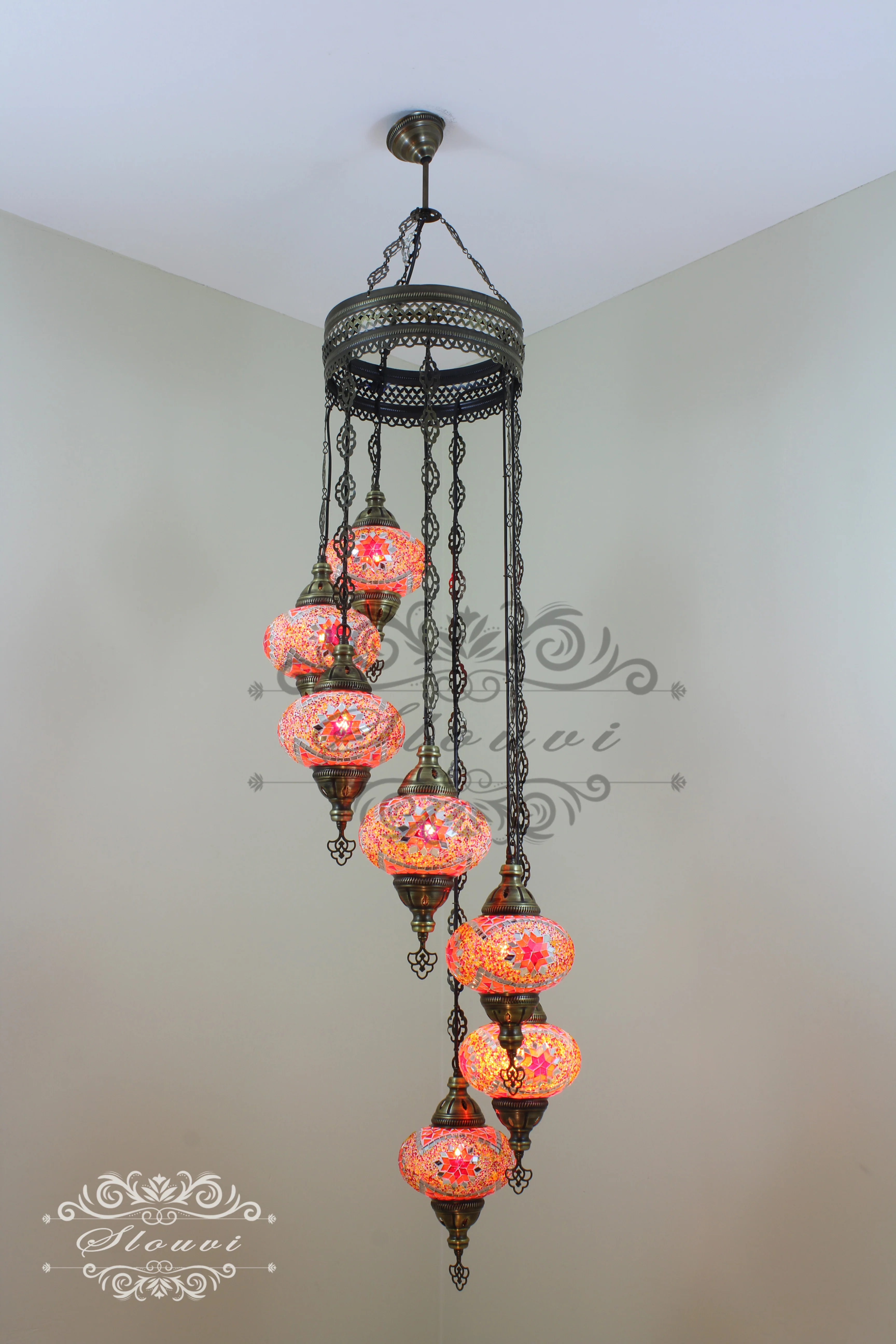 7 Ball Turkish Mosaic Chandelier - Water Drop Design with Large Globes, ID: H7L-10 - Image 4