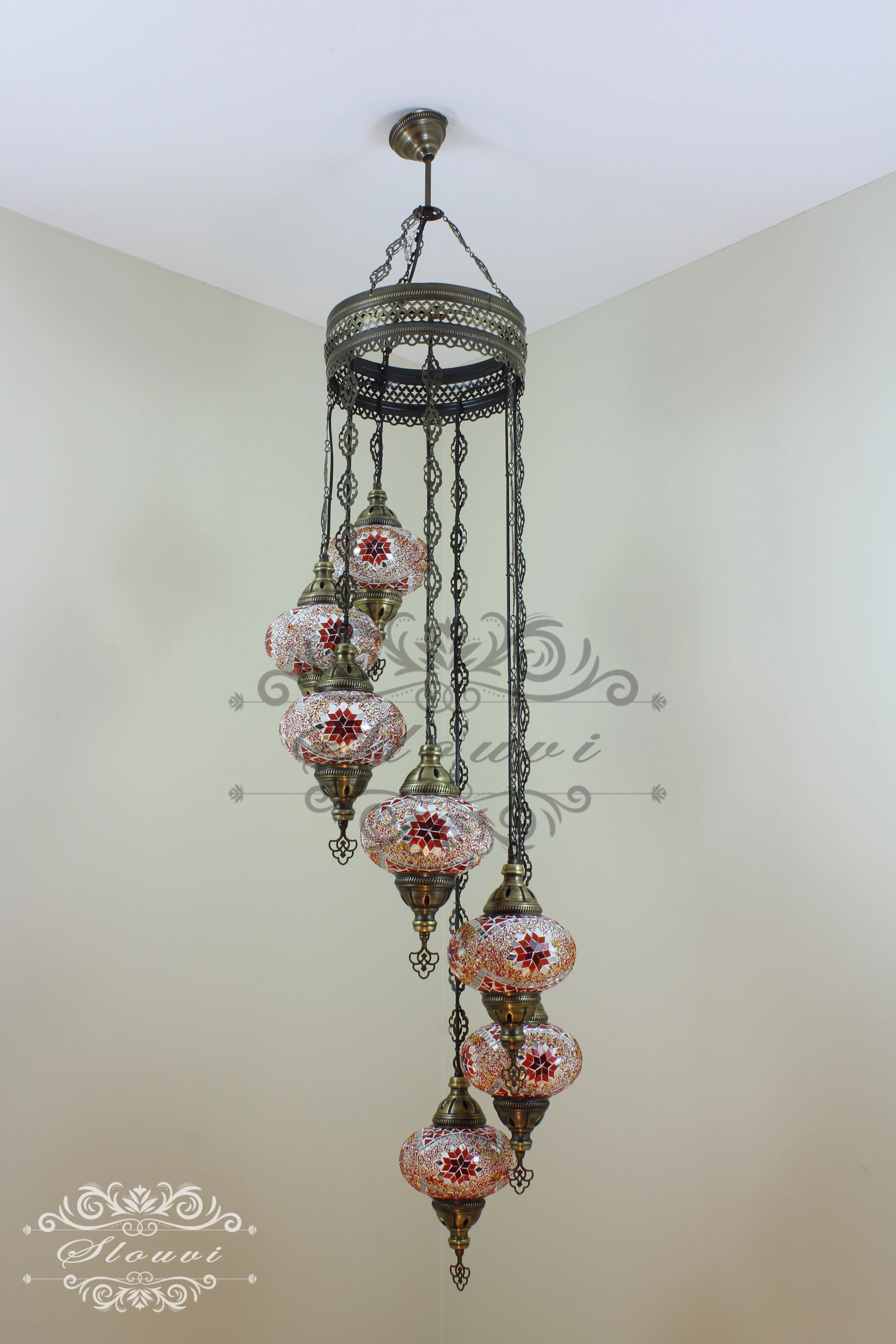 7 Ball Turkish Mosaic Chandelier - Water Drop Design with Large Globes, ID: H7L-10 - Image 6