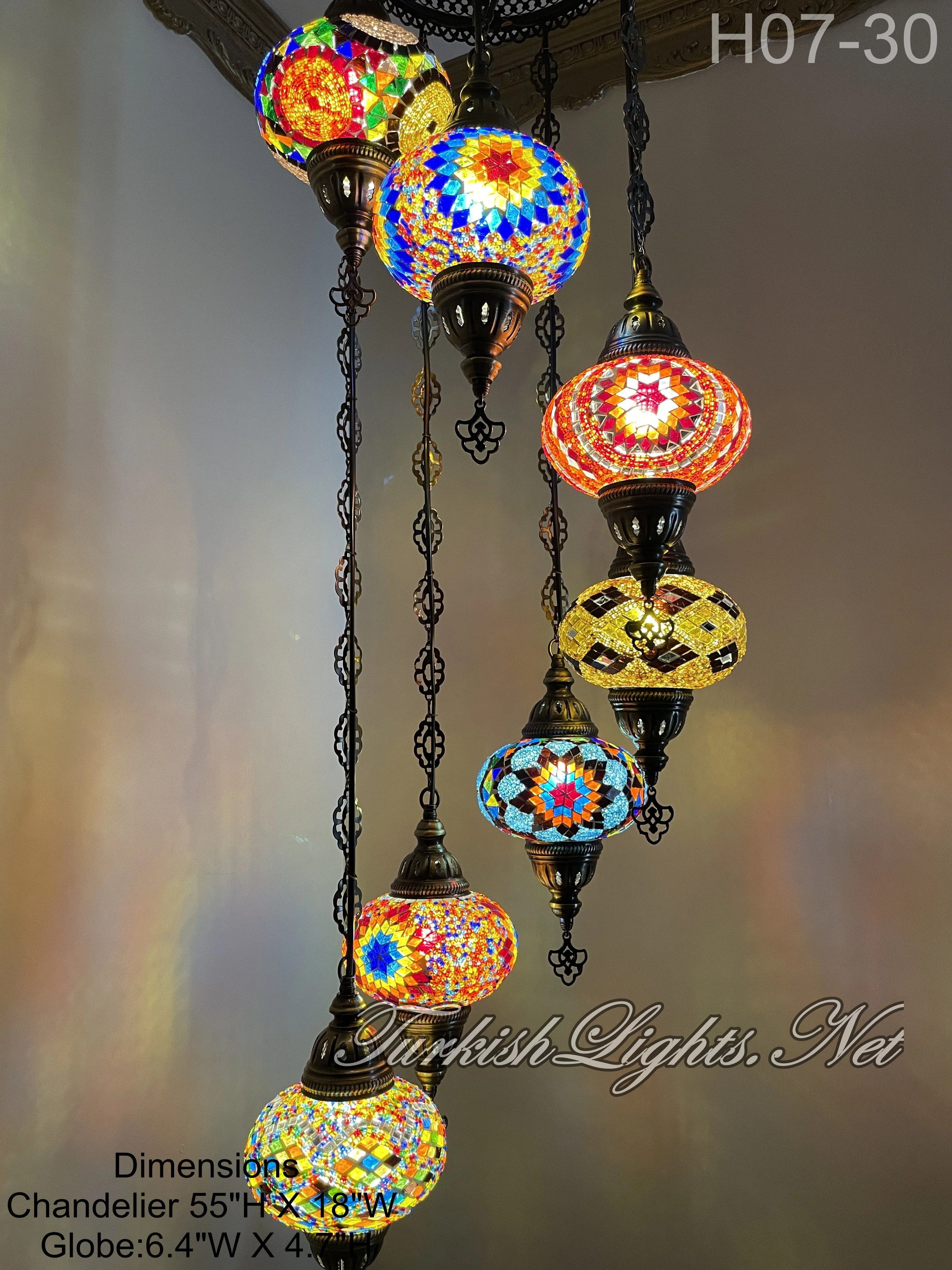 7 Ball Turkish Mosaic Chandelier - Water Drop Design with Large Globes, ID: H7L-30 - Image 2