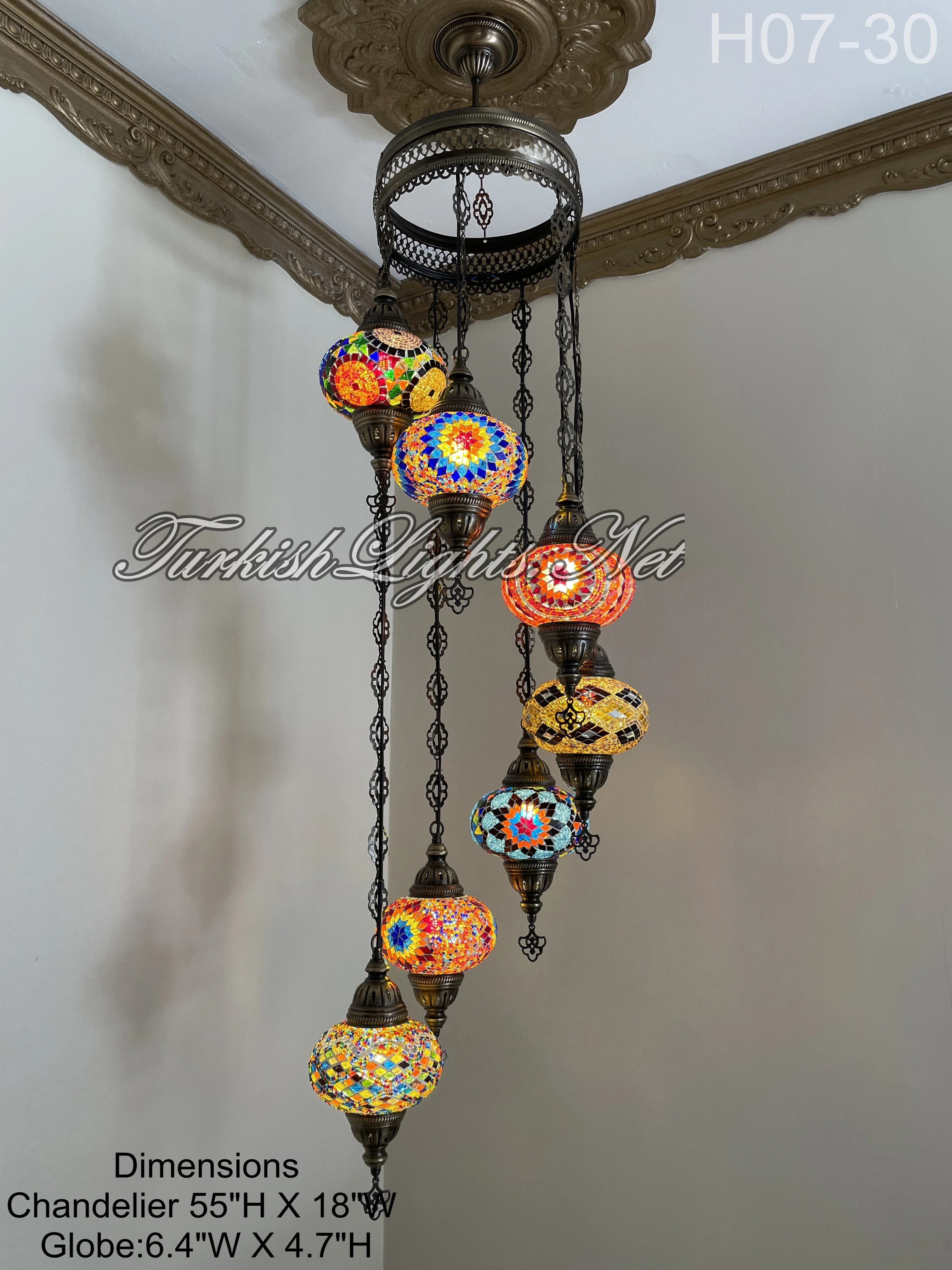 7 Ball Turkish Mosaic Chandelier - Water Drop Design with Large Globes, ID: H7L-30 - Image 3