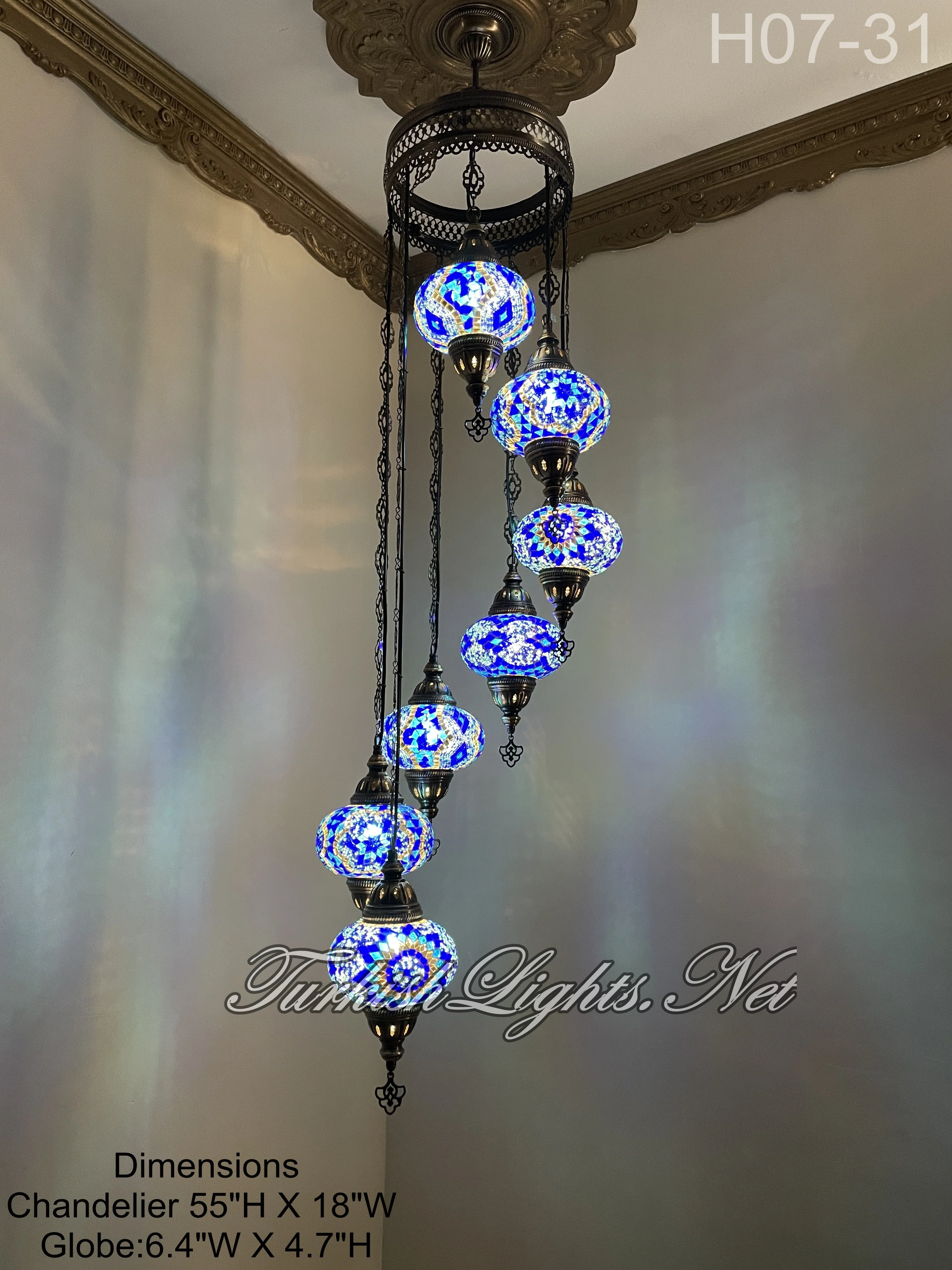 7 Ball Turkish Mosaic Chandelier - Water Drop Design with Large Globes, ID: H7L-31