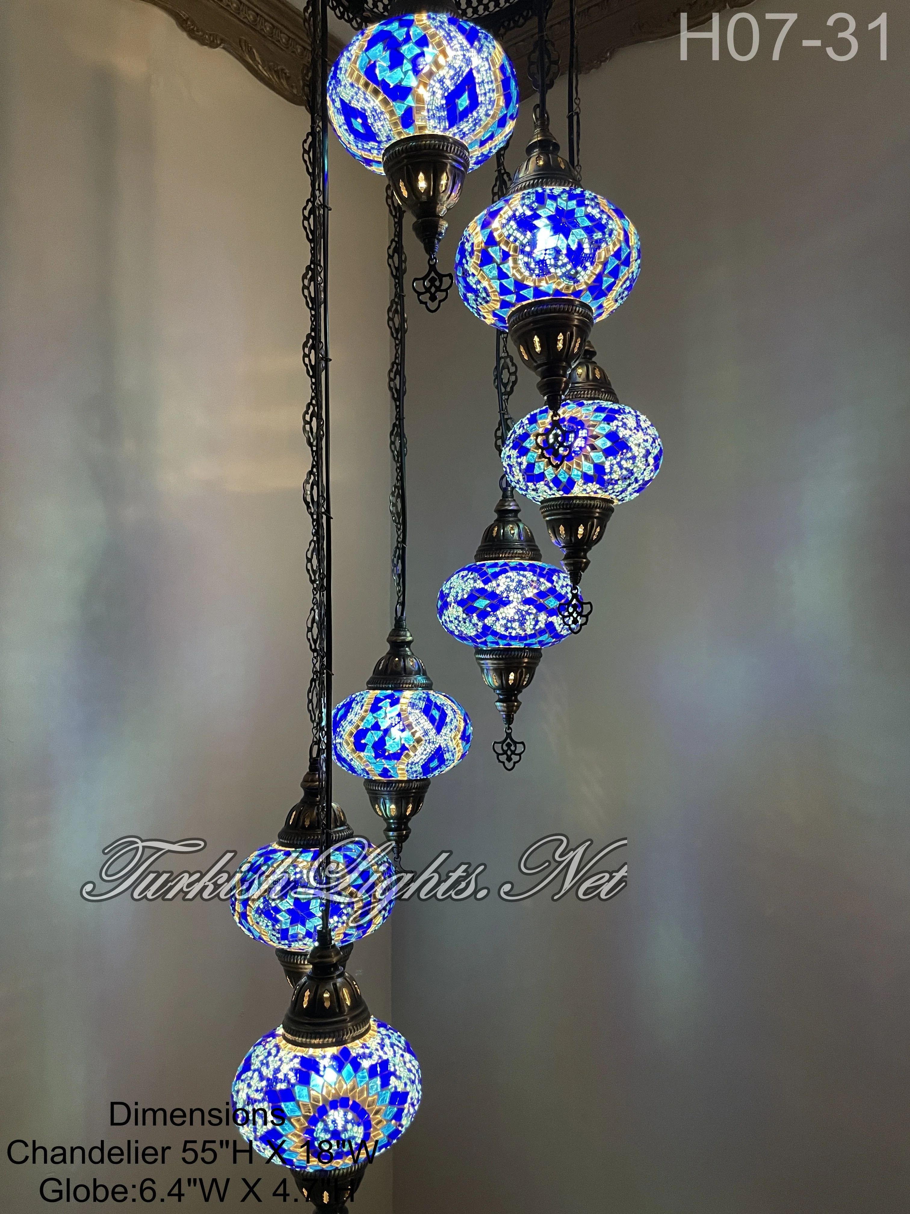 7 Ball Turkish Mosaic Chandelier - Water Drop Design with Large Globes, ID: H7L-31 - Image 2