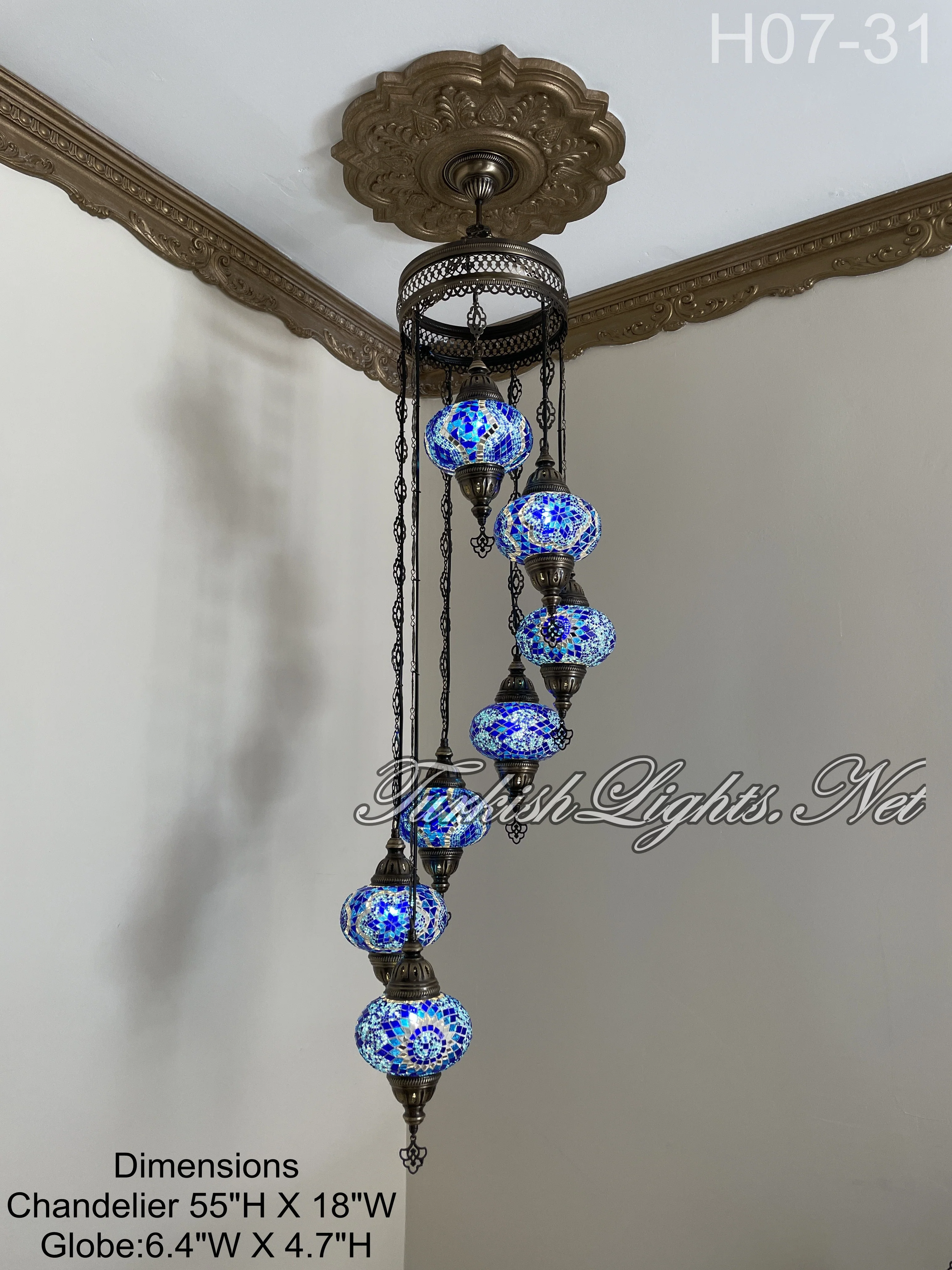 7 Ball Turkish Mosaic Chandelier - Water Drop Design with Large Globes, ID: H7L-31 - Image 4