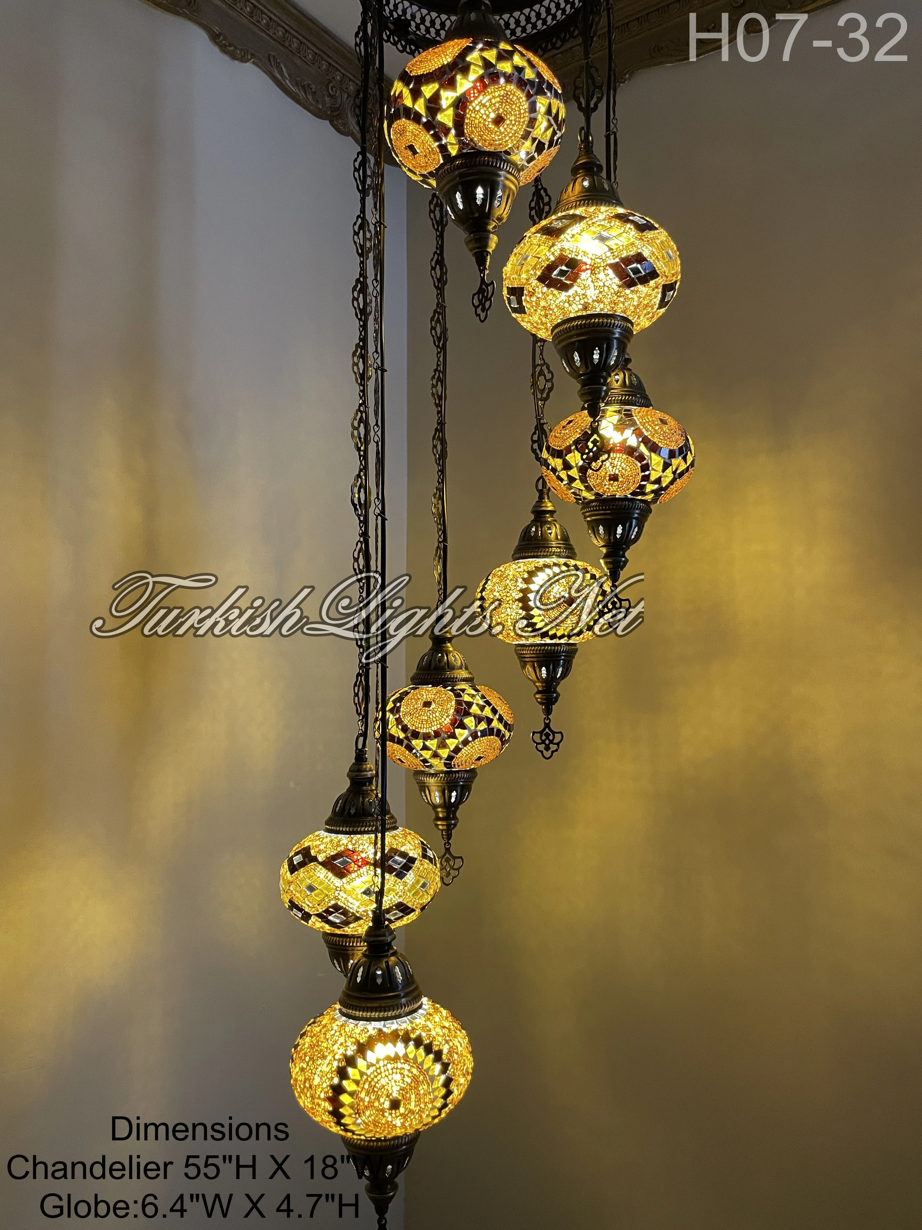 7 Ball Turkish Mosaic Chandelier - Water Drop Design with Large Globes, ID: H7L-32 - Image 2