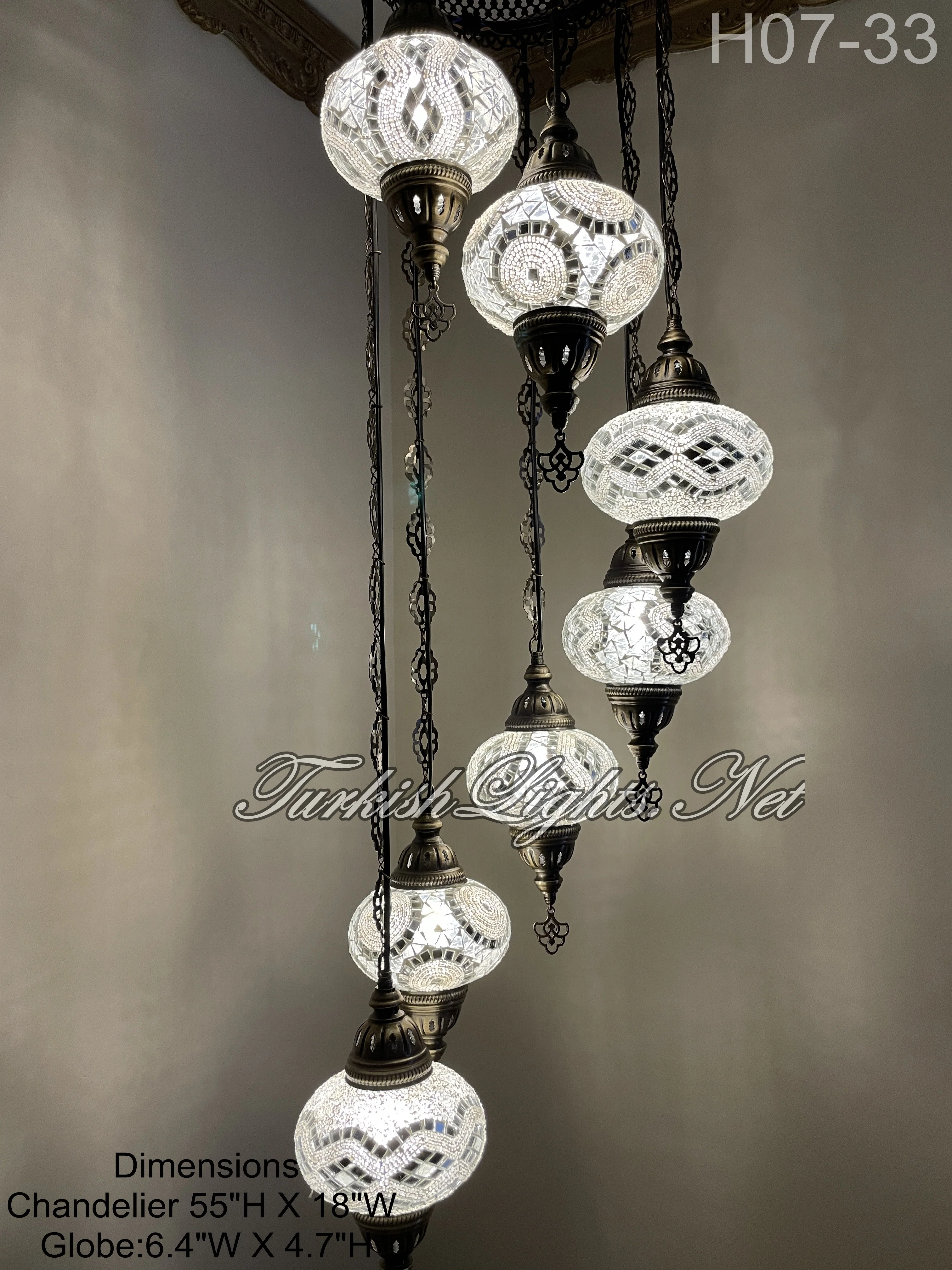 7 Ball Turkish Mosaic Chandelier - Water Drop Design with Large Globes, ID: H7L-33 - Image 2
