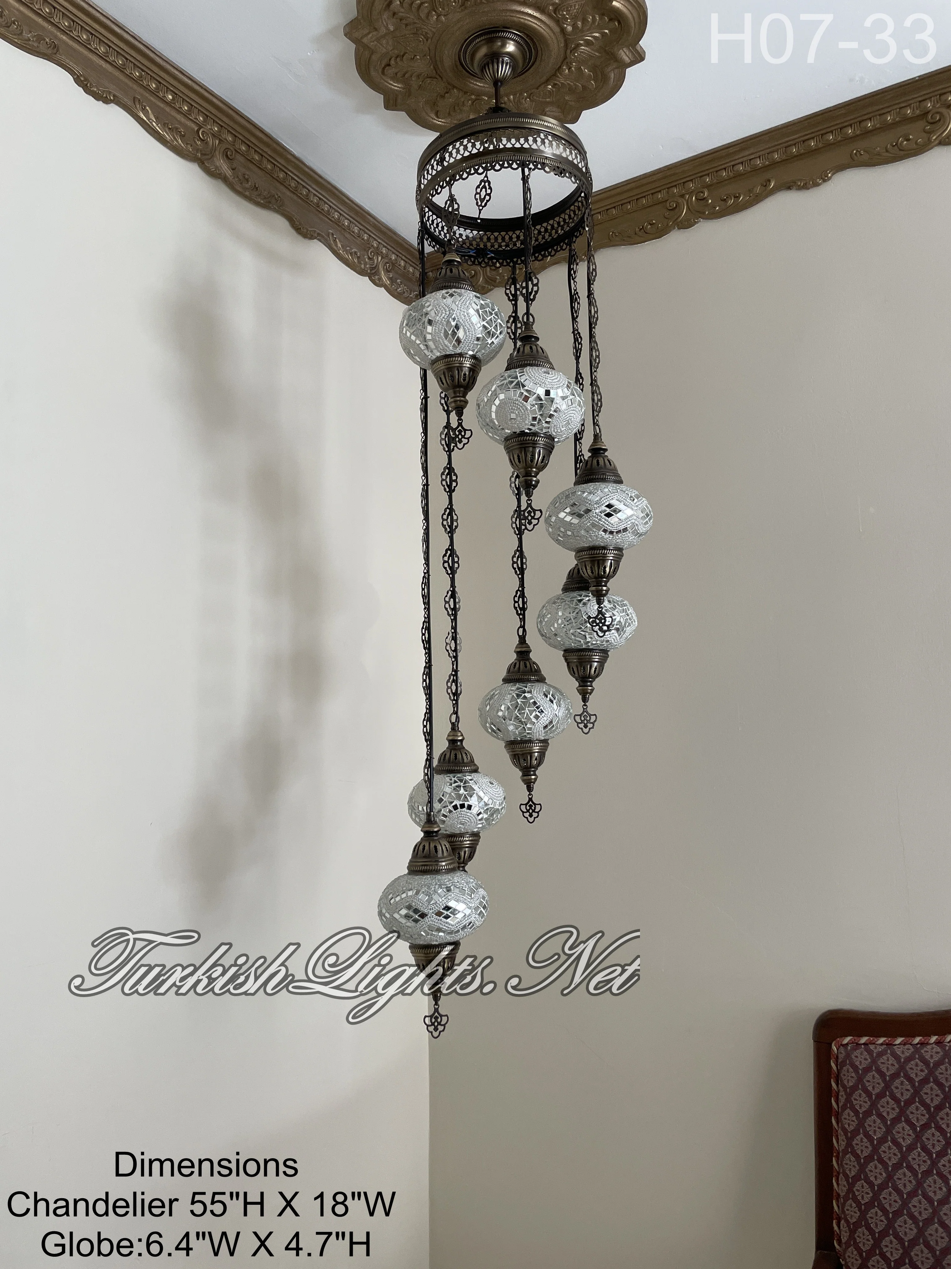 7 Ball Turkish Mosaic Chandelier - Water Drop Design with Large Globes, ID: H7L-33 - Image 3