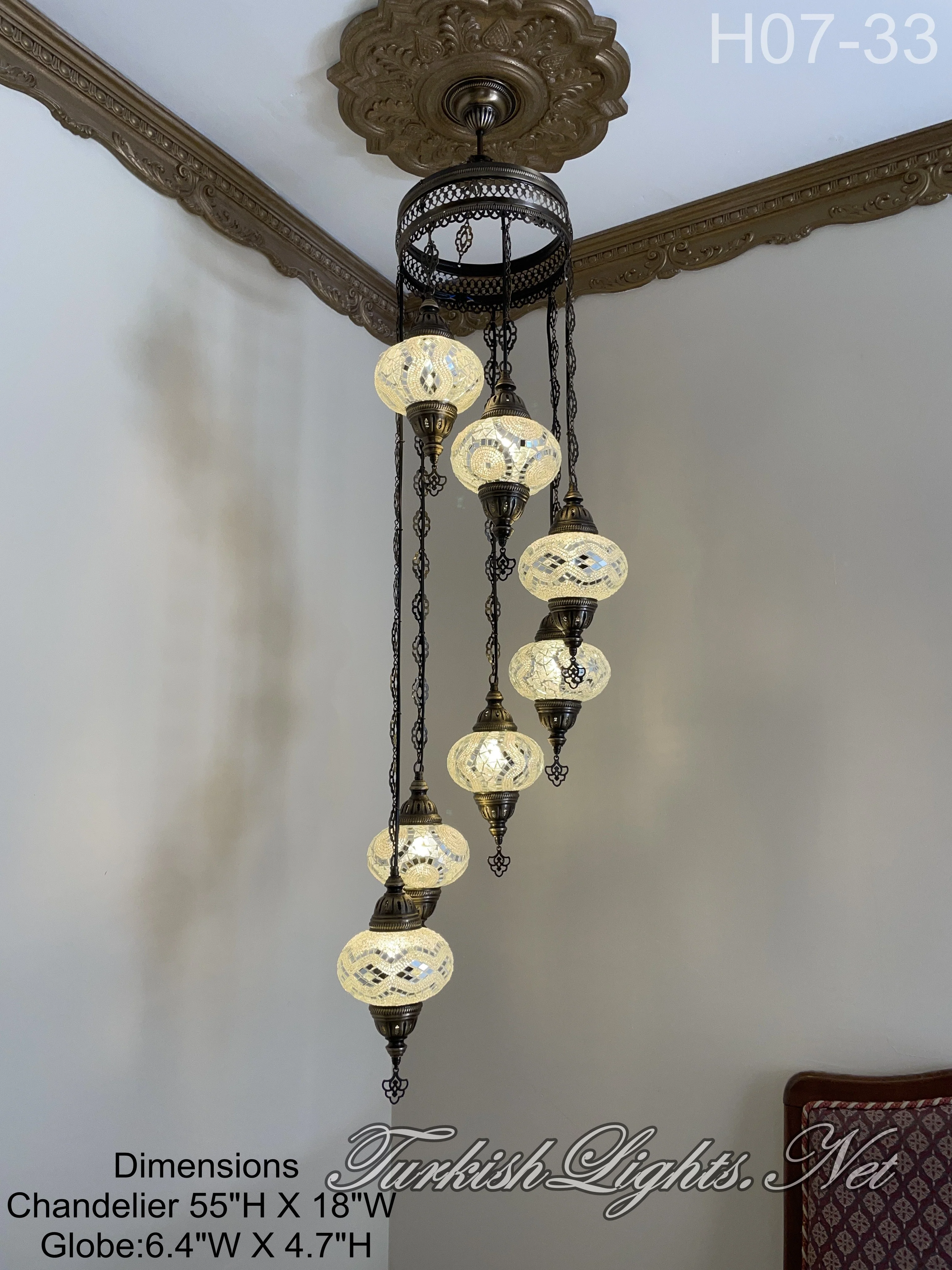 7 Ball Turkish Mosaic Chandelier - Water Drop Design with Large Globes, ID: H7L-33 - Image 4