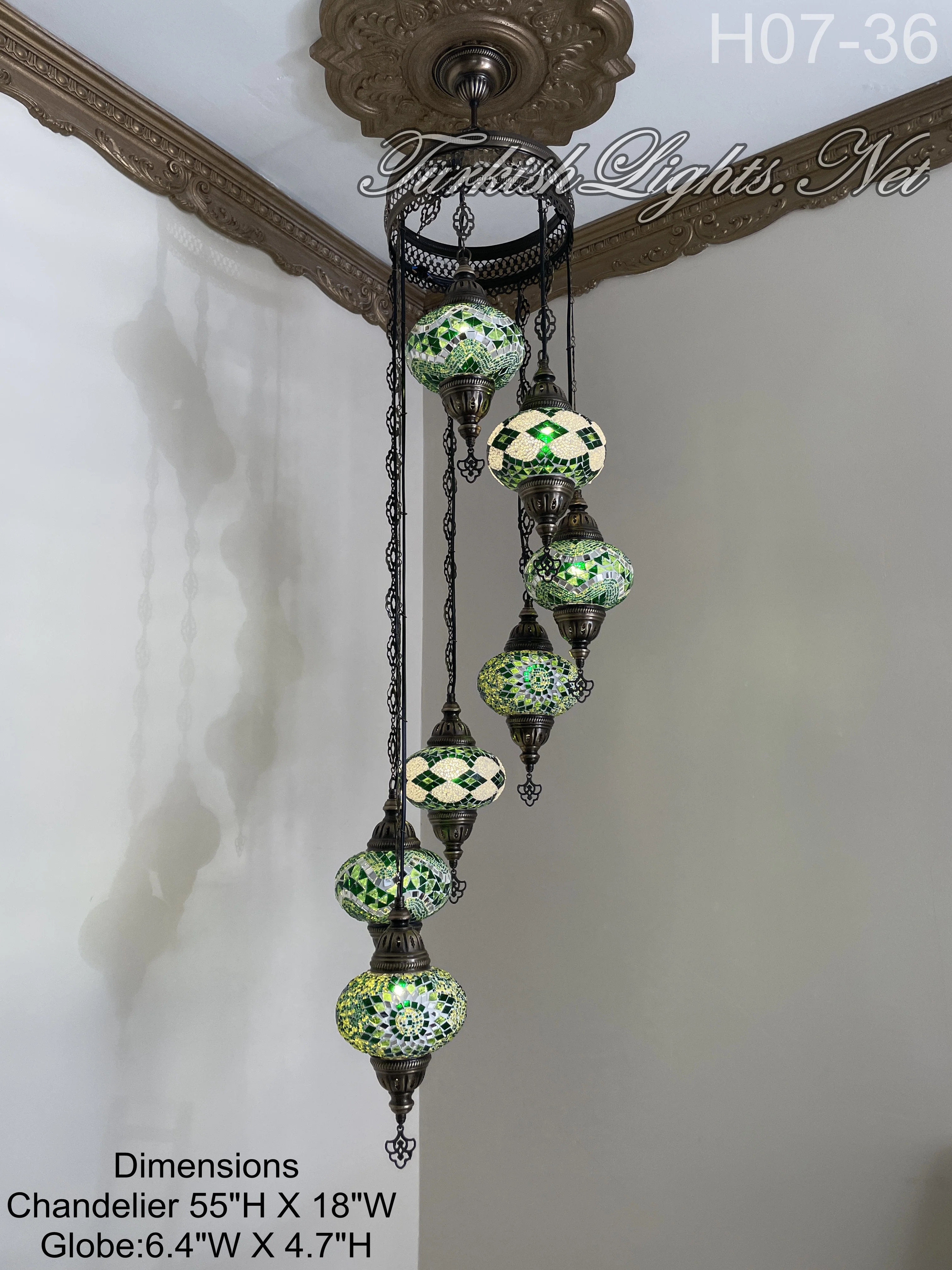 7 Ball Turkish Mosaic Chandelier - Water Drop Design with Large Globes, ID: H7L-36 - Image 2