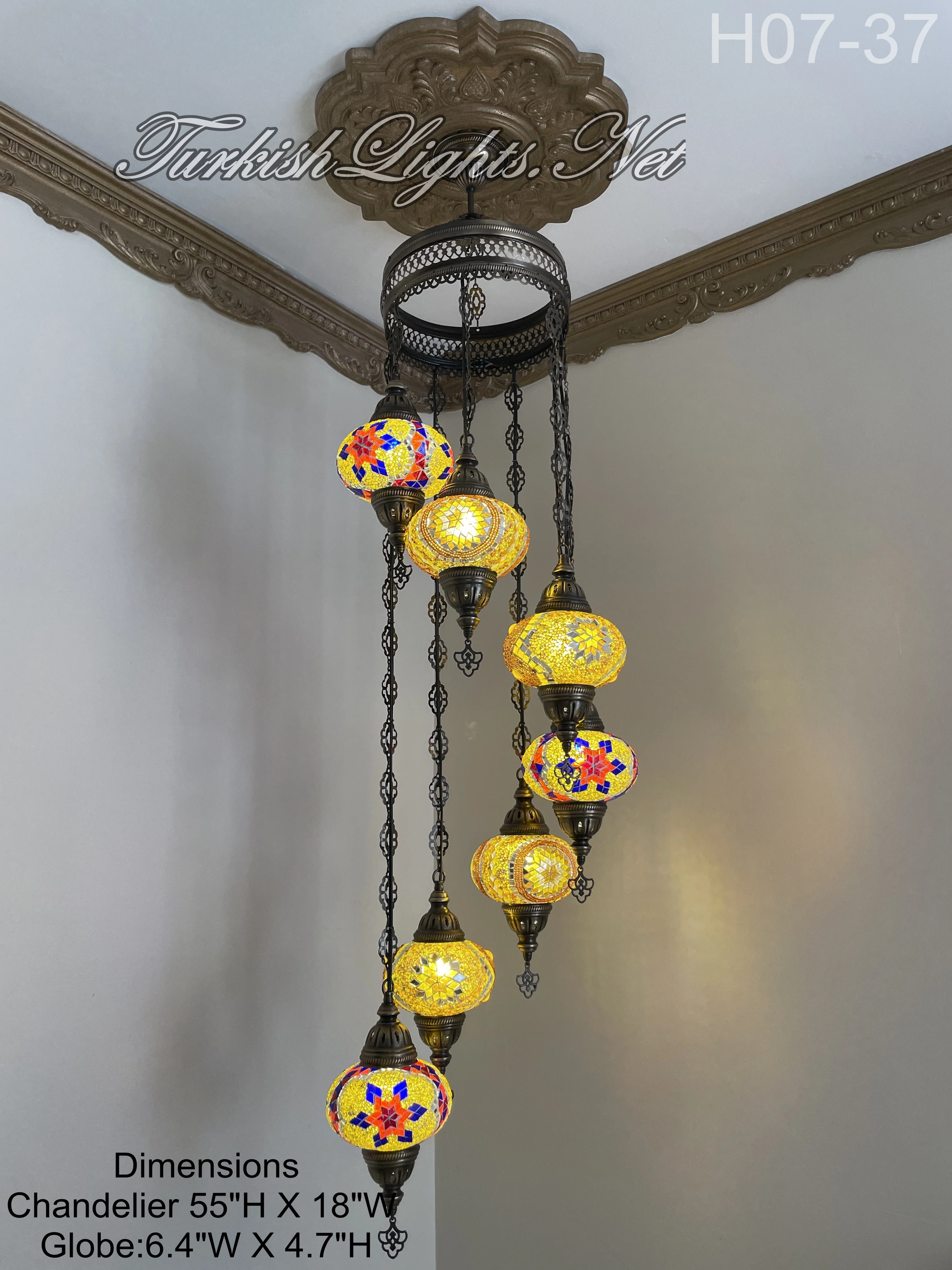 7 Ball Turkish Mosaic Chandelier - Water Drop Design with Large Globes, ID: H7L-37 - Image 4
